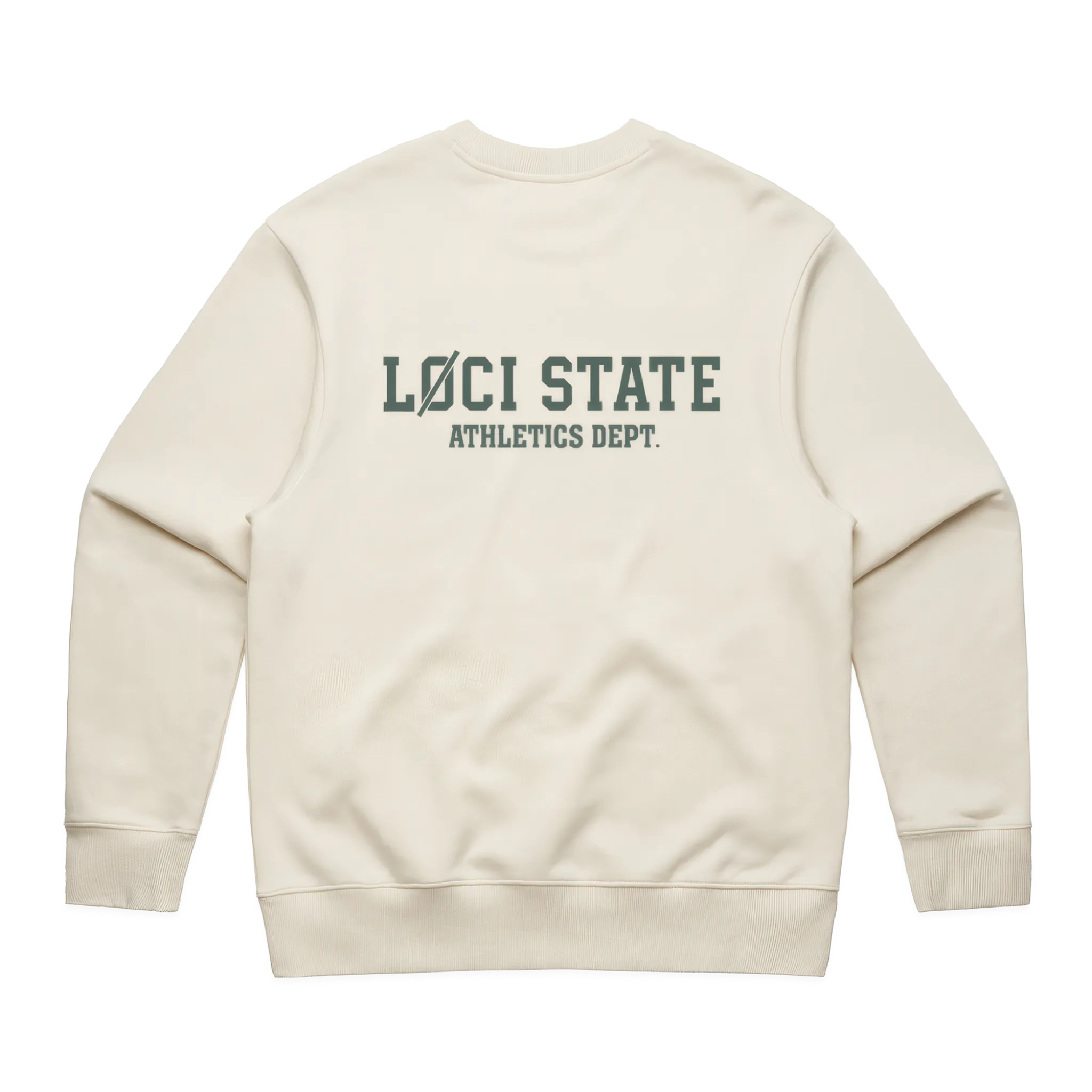 Beige sweatshirt with 'LOCI STATE ATHLETICS DEPT.' text on the back against a white background