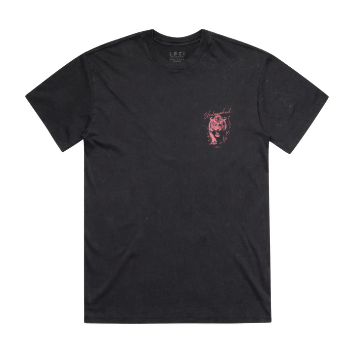 Black t-shirt with a pink graphic on a white background