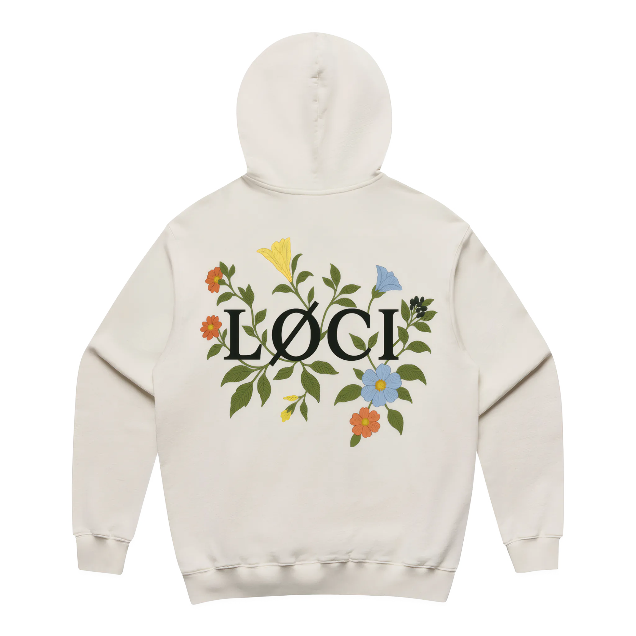 Beige hoodie with floral design and 'LOCI' text on a white background