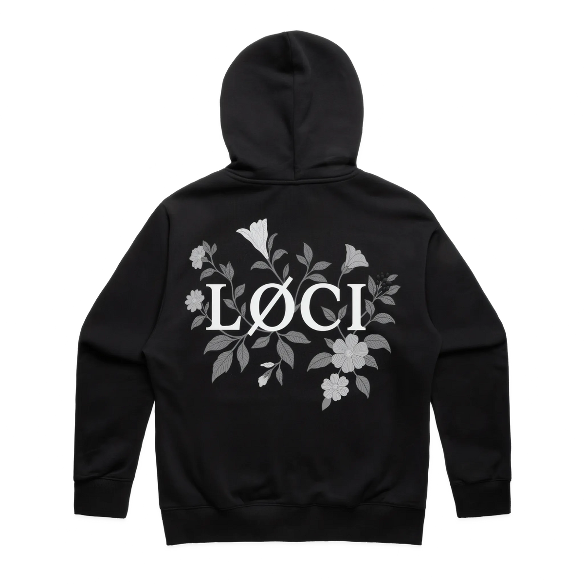 Black hoodie with floral design and 'Löci' logo on the back against a white background