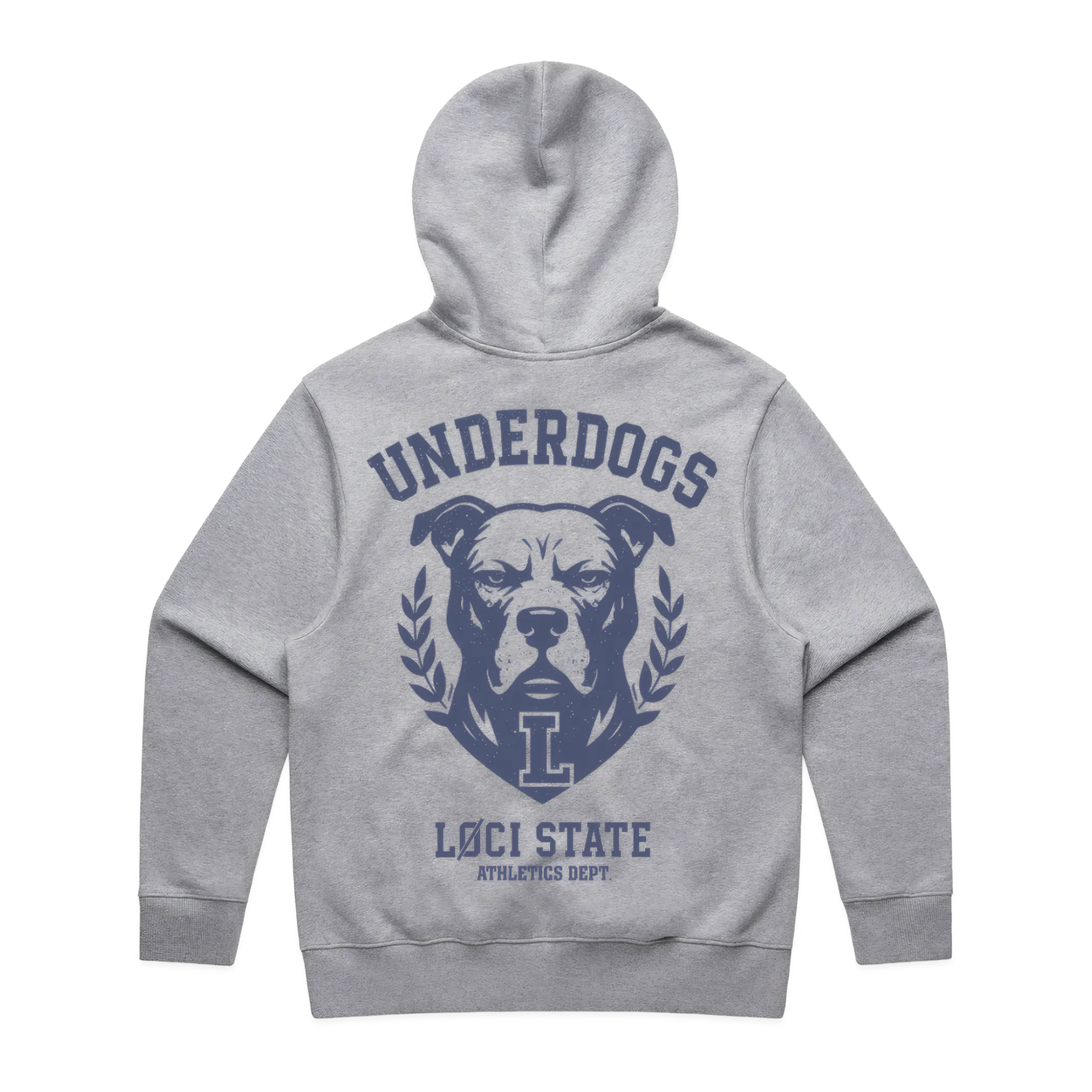 Gray hoodie with a dog graphic and text on the back against a white background