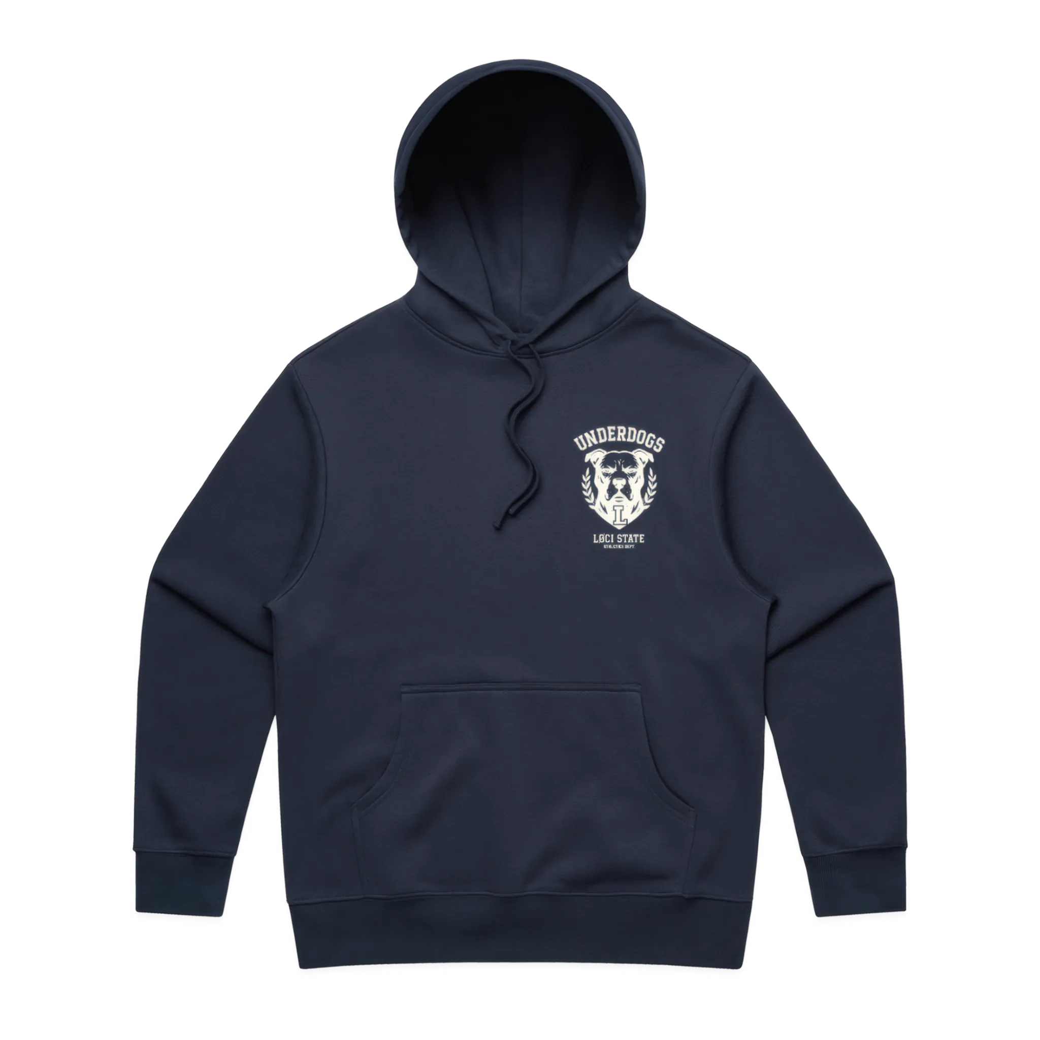 Navy blue hoodie with a white logo on a white background