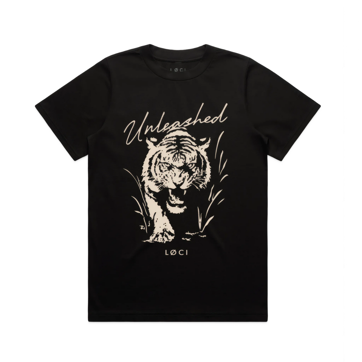Black t-shirt with a tiger graphic and 'Unleashed' text on a white background