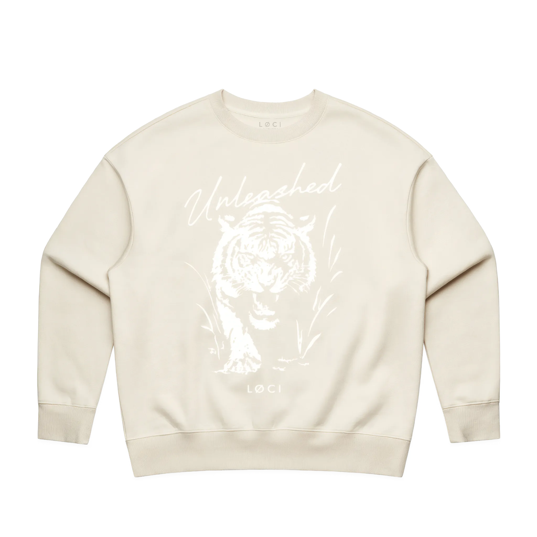 Beige sweatshirt with a graphic design and text on a white background
