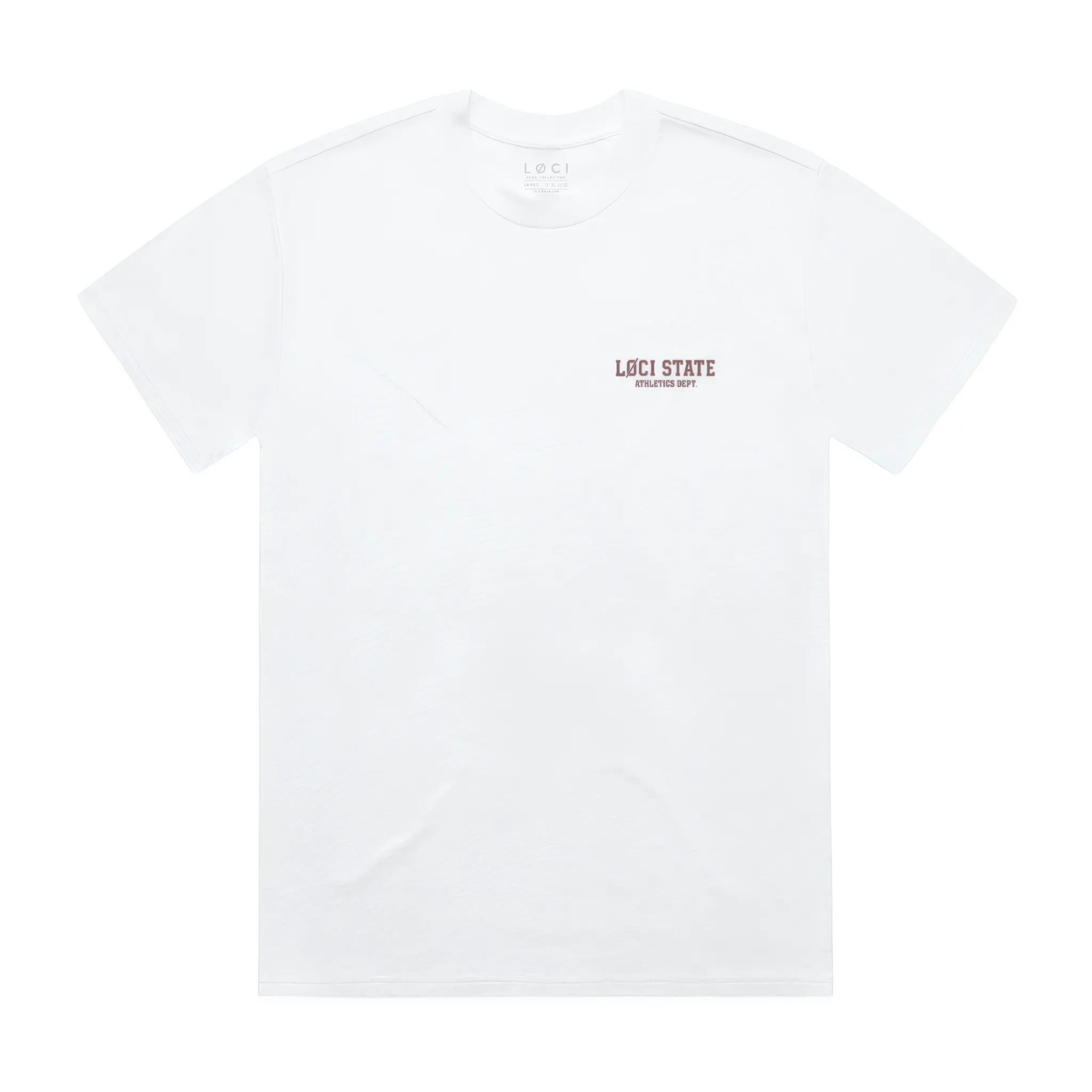 White t-shirt with 'LOCI STATE' logo on a white background