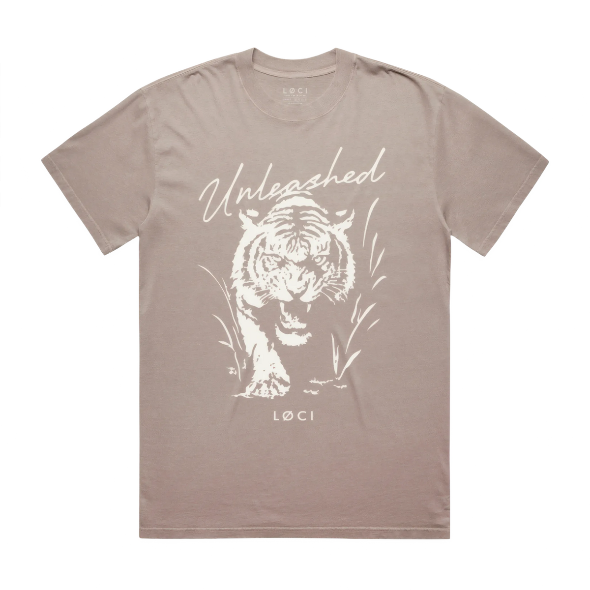 Brown t-shirt with white tiger graphic and 'Unleashed' text on a white background