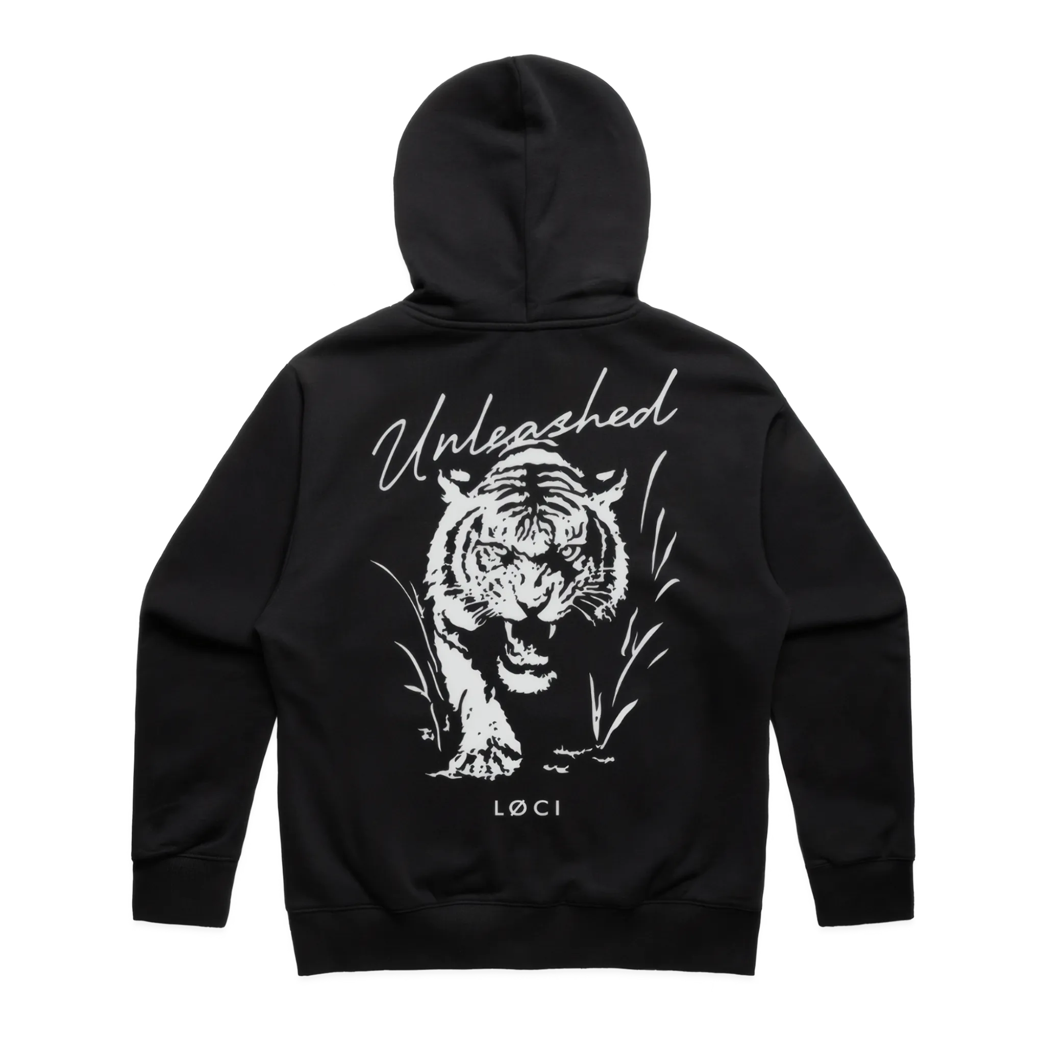 Black hoodie with a white tiger design and 'Unleashed' text on the back, on a white background.