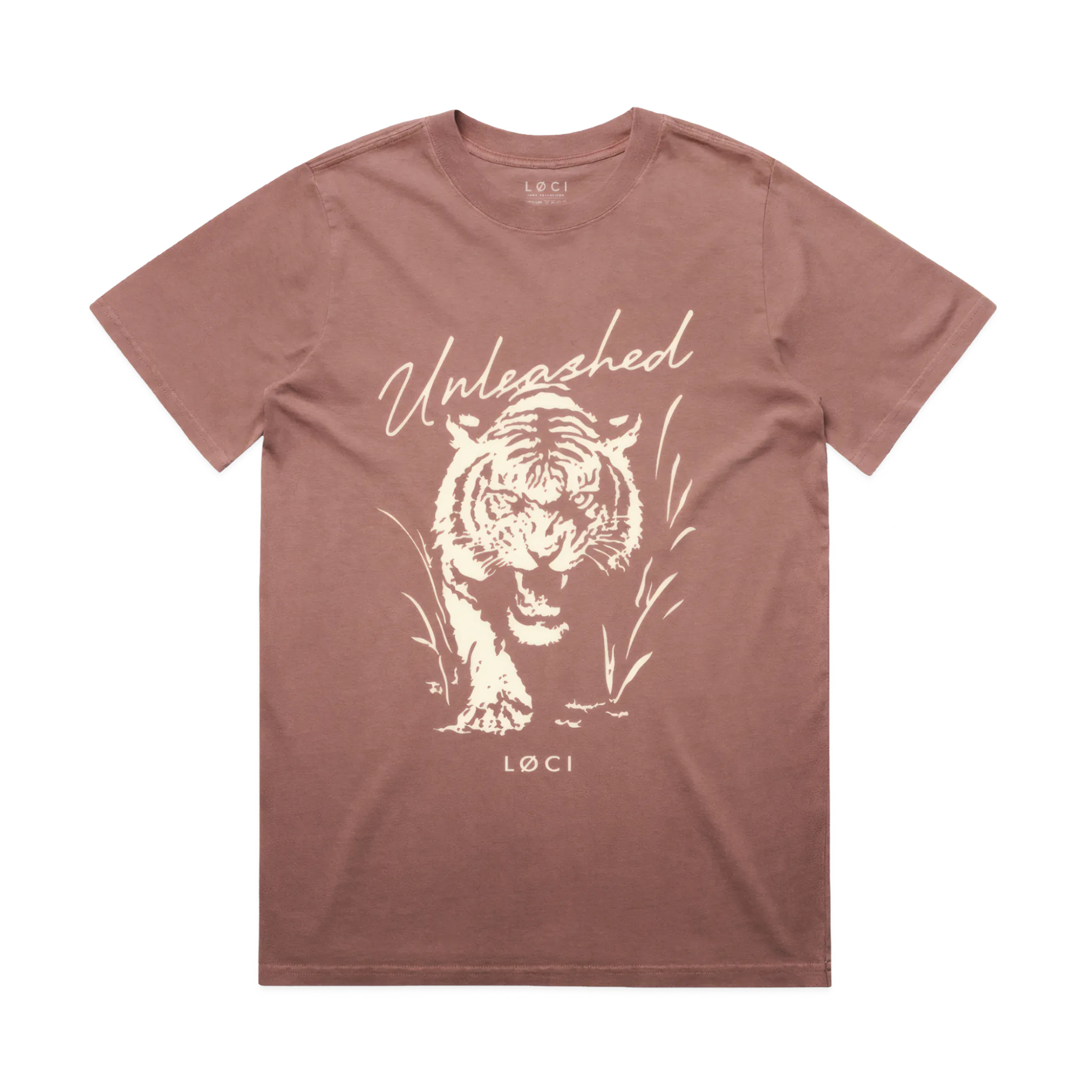 Brown t-shirt with white tiger graphic and 'Unleashed' text on a white background