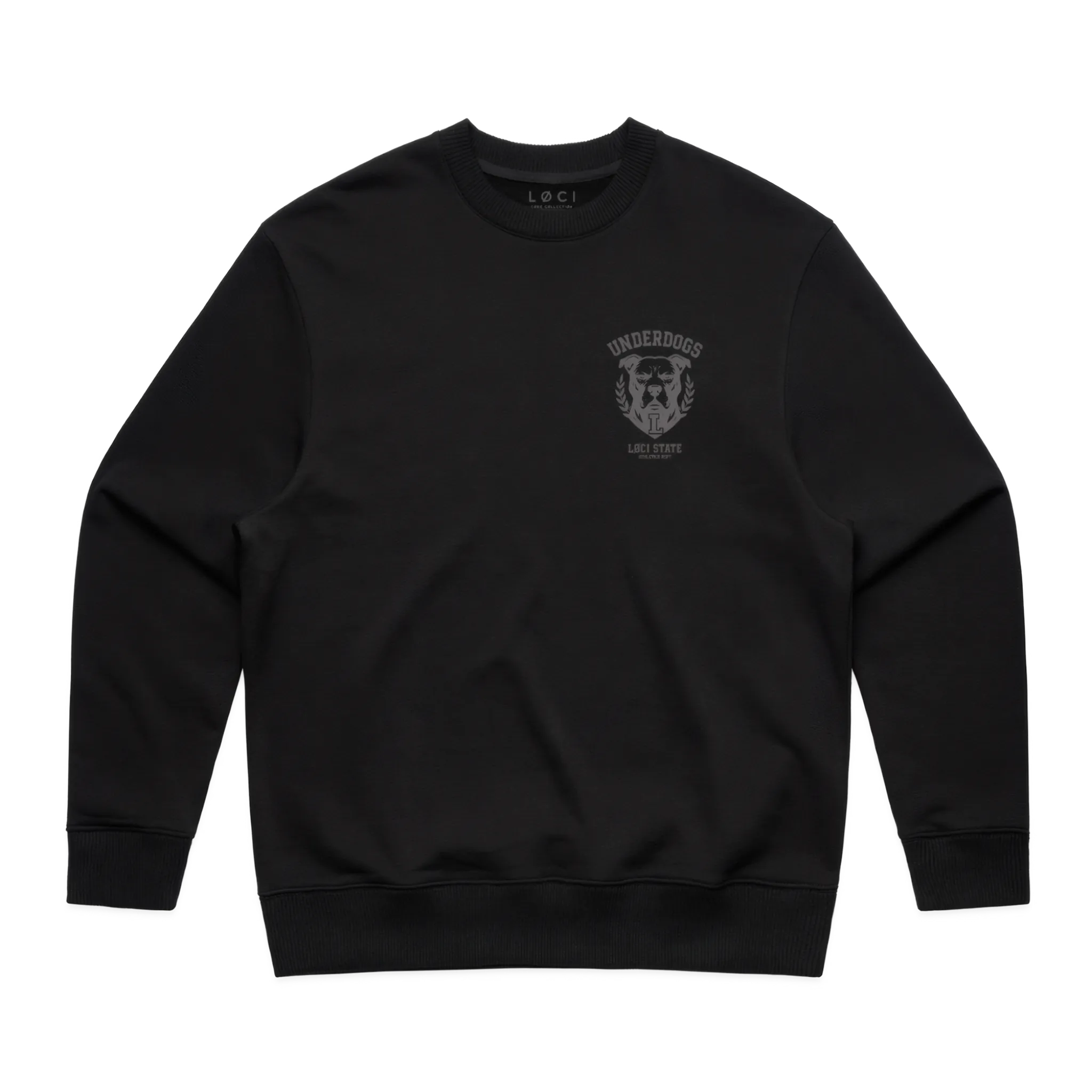 Black sweatshirt with a logo on the chest against a white background