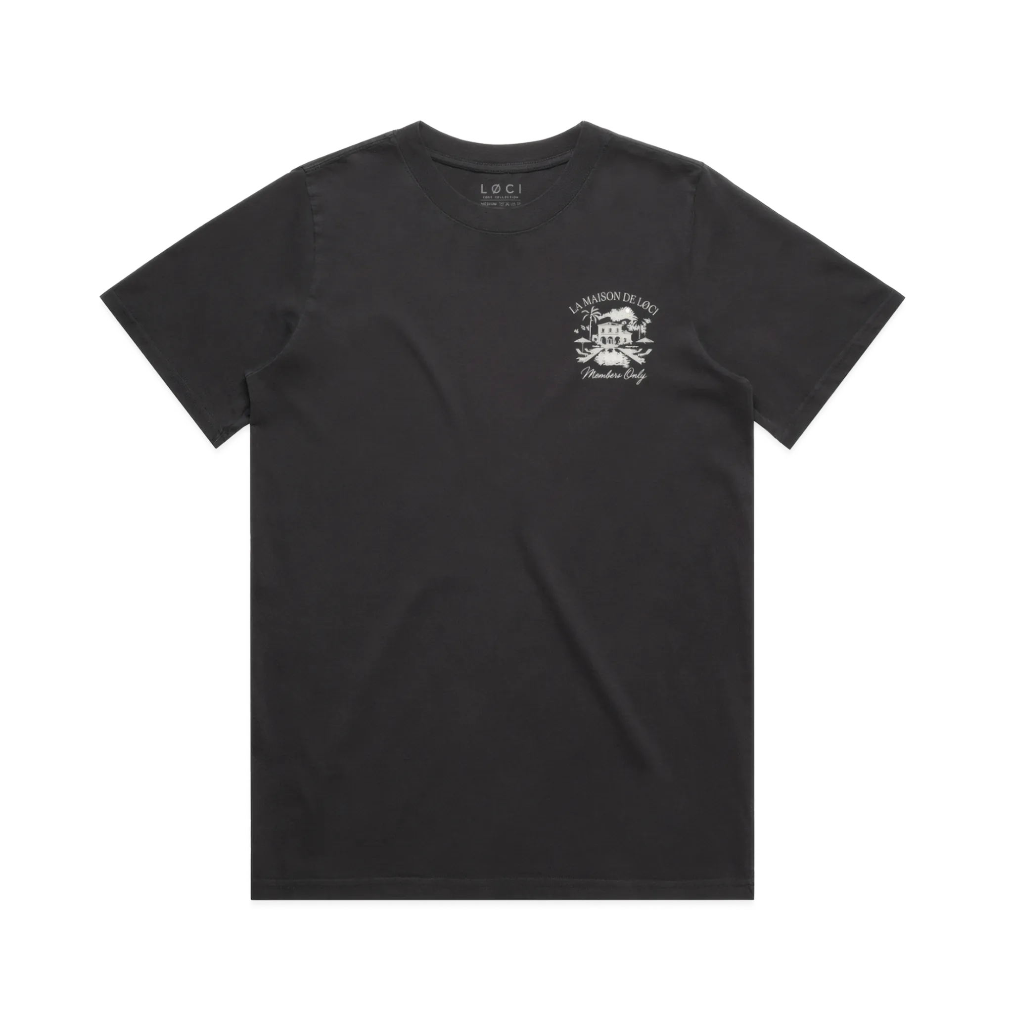 Black t-shirt with a white logo on the chest against a white background