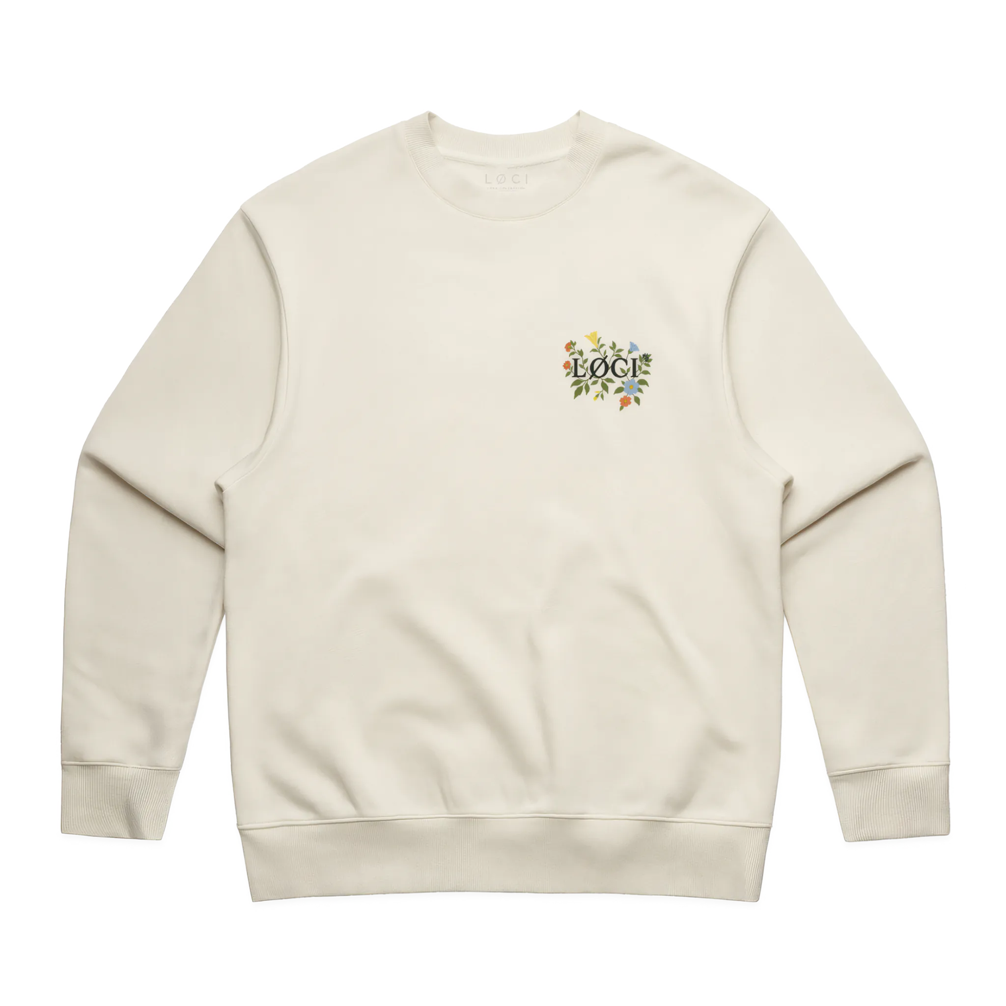 Beige sweatshirt with a floral 'LOVE' design on a white background