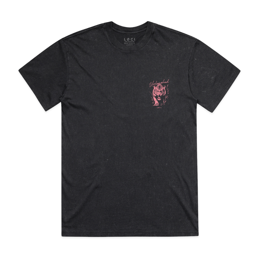 Black t-shirt with a pink graphic on a white background