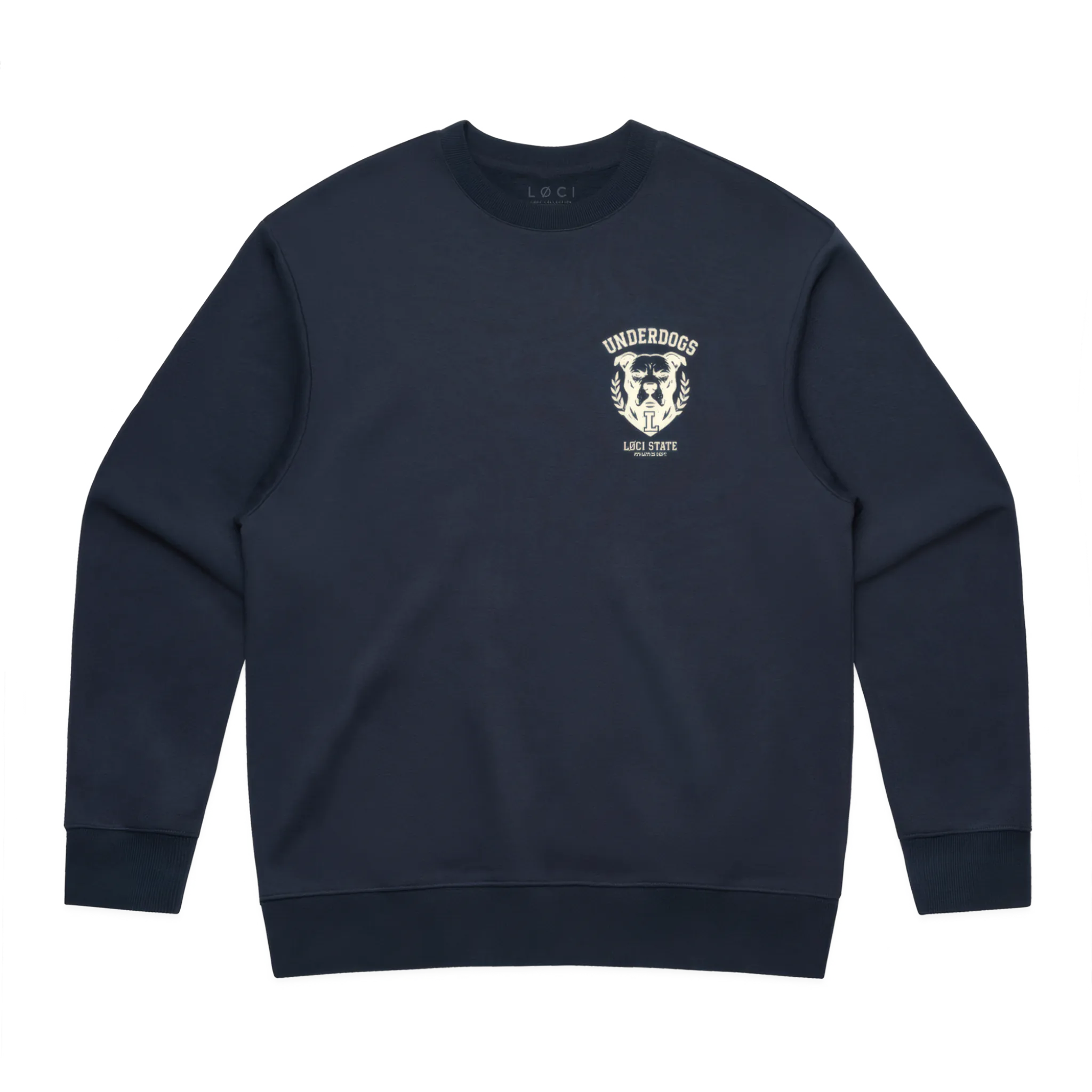 Navy blue sweatshirt with a logo on the chest against a white background