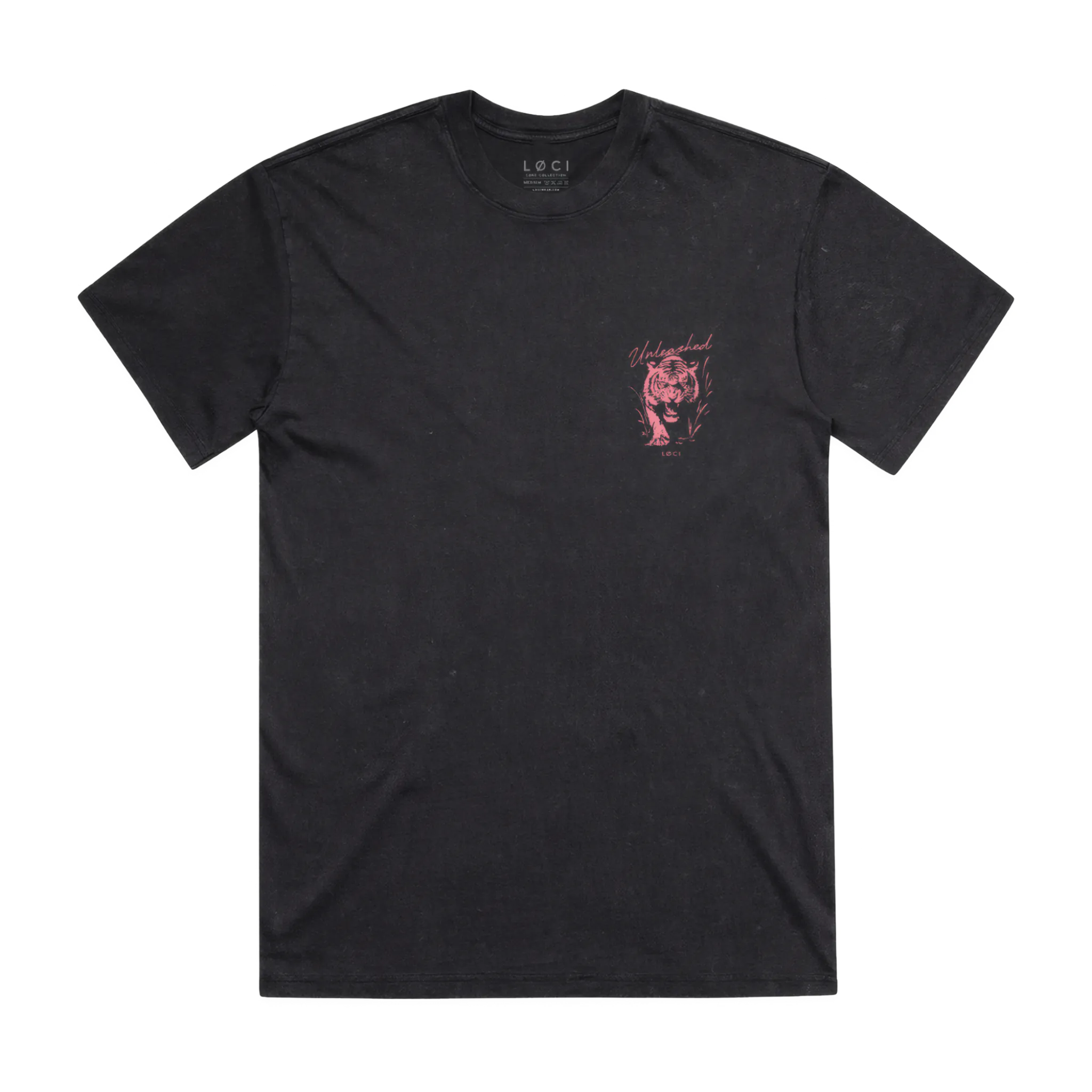 Black t-shirt with a pink graphic on a white background