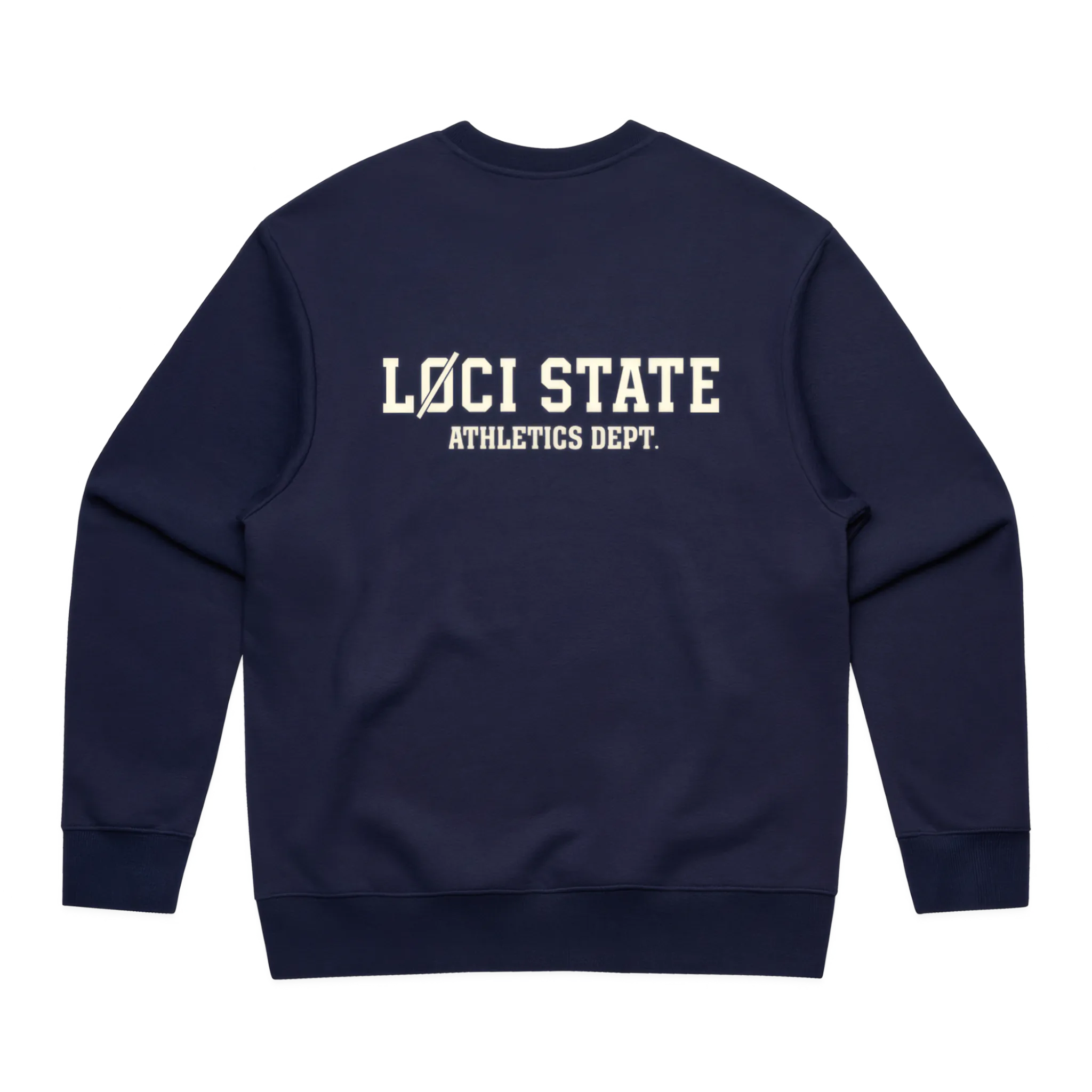 Navy blue sweatshirt with 'LOCI STATE ATHLETICS DEPT.' text on a white background