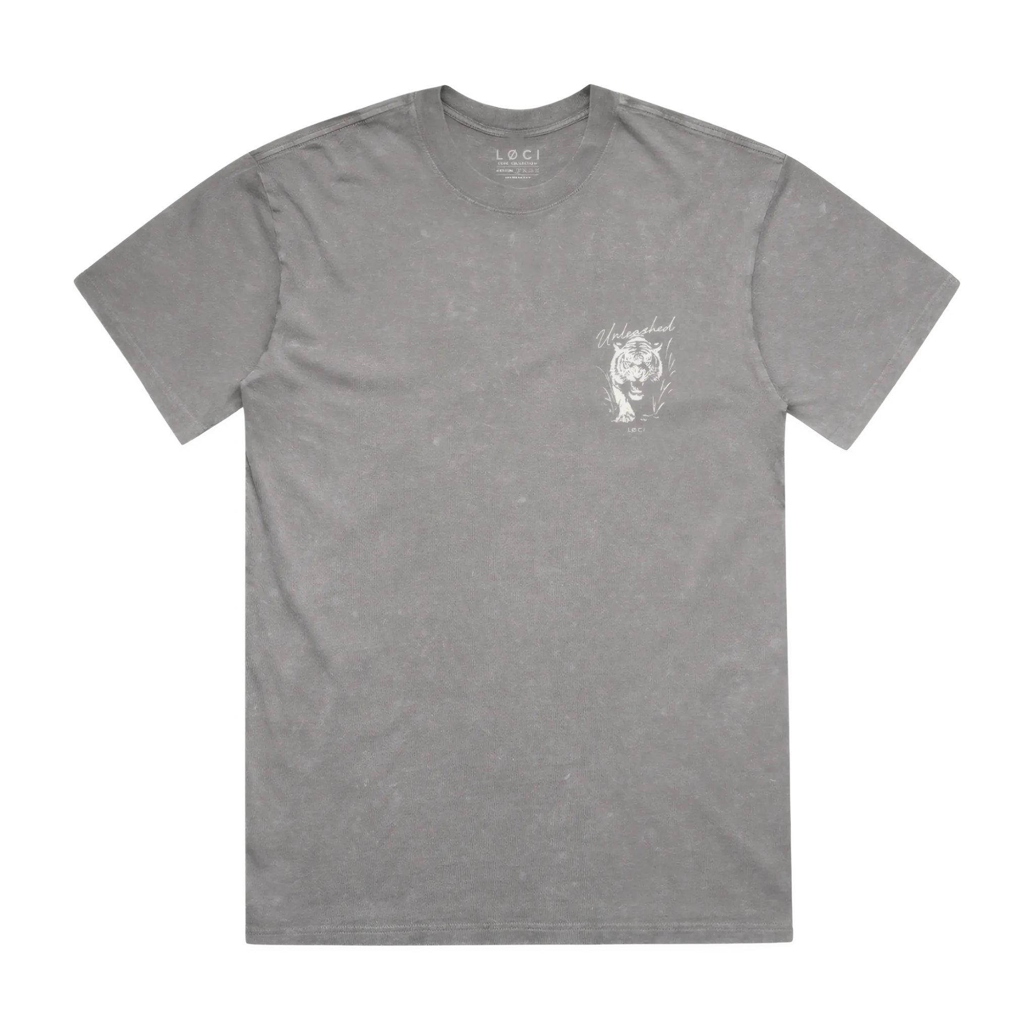 Gray t-shirt with a small white graphic on a white background