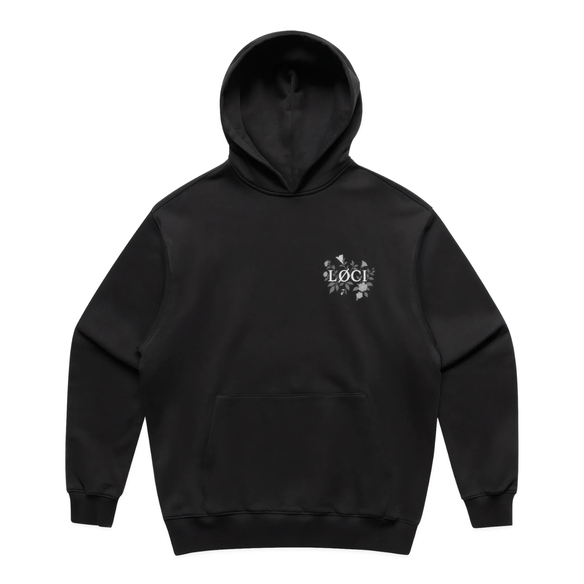 Black hoodie with a logo on the chest against a white background