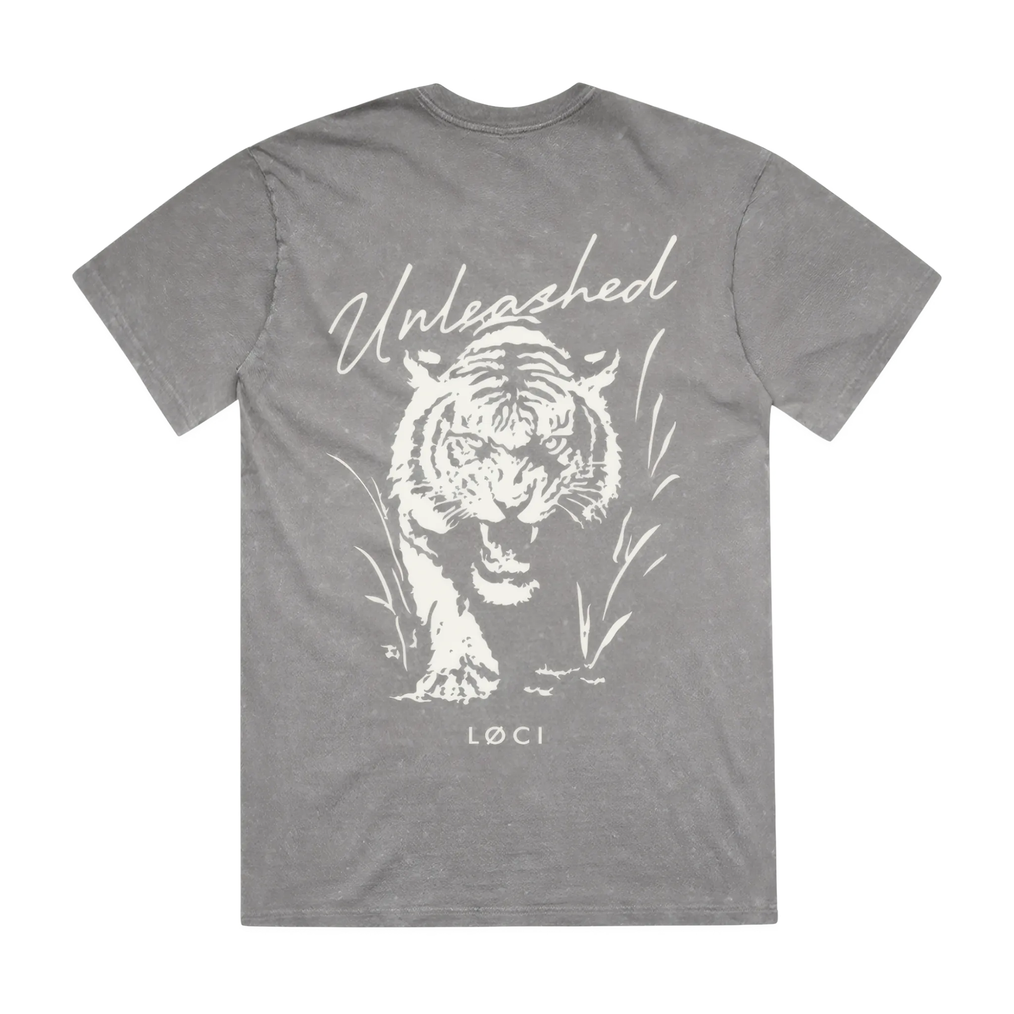 Gray t-shirt with a white tiger graphic and 'Unleashed' text on a white background