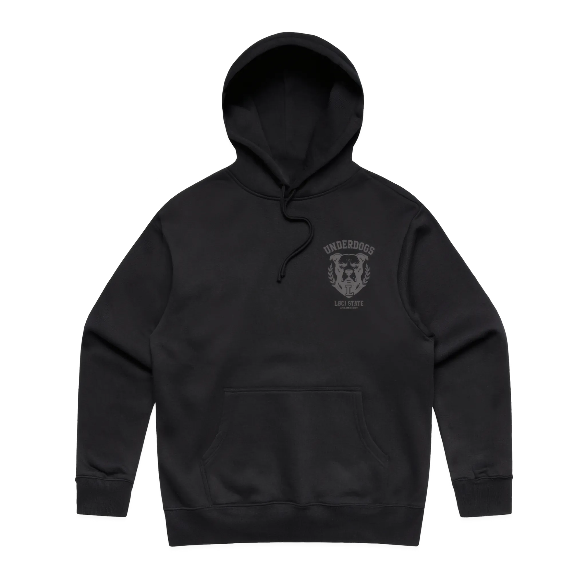 Black hoodie with a logo on the chest against a white background