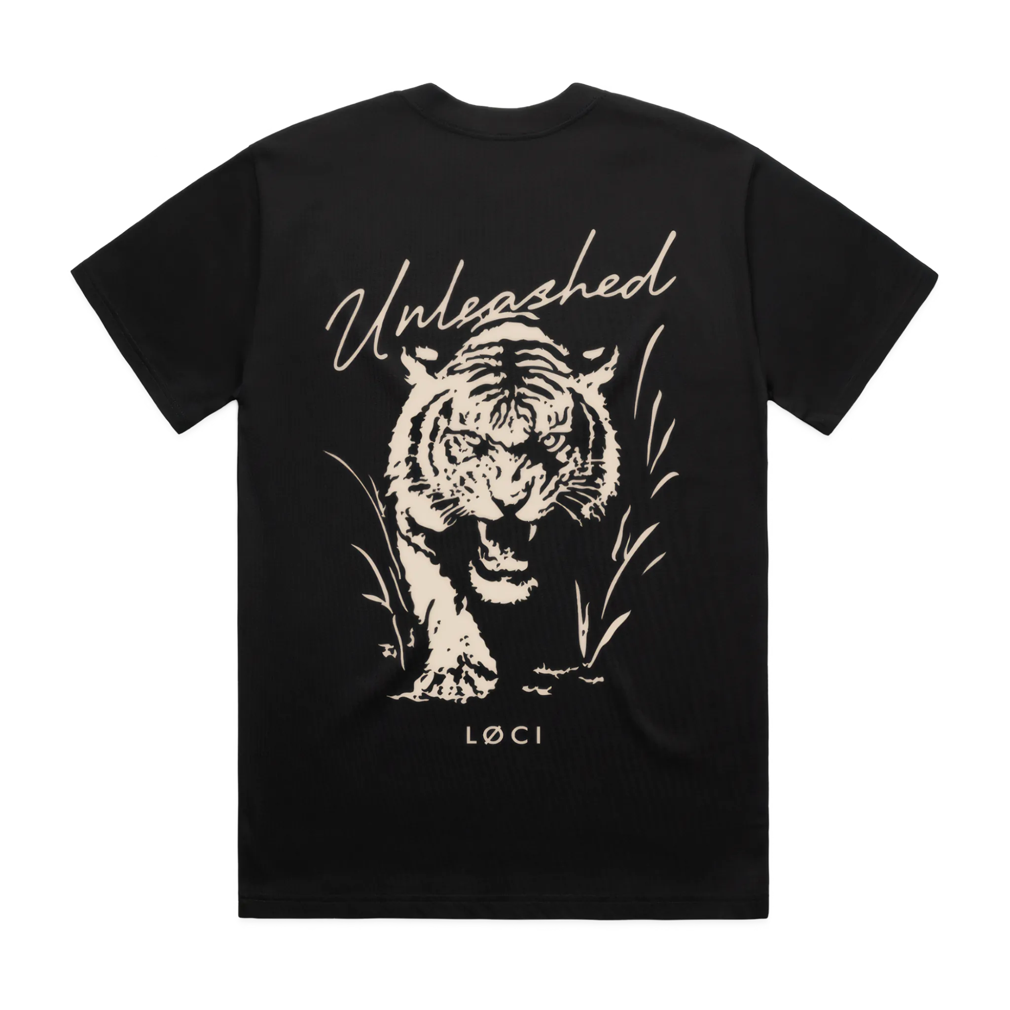 Black t-shirt with a white tiger graphic and 'Unleashed' text on a white background