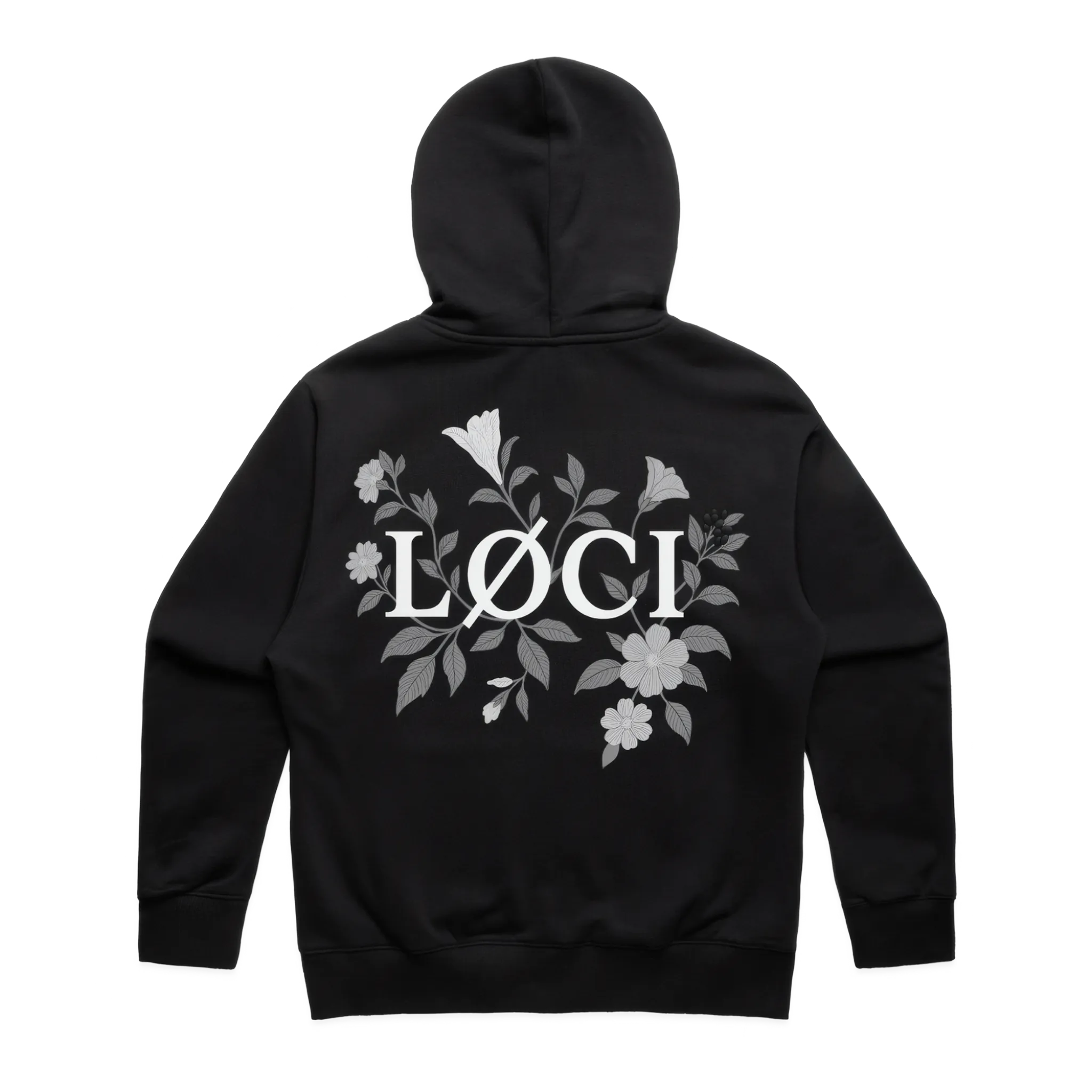Black hoodie with floral design and 'Löci' logo on the back against a white background