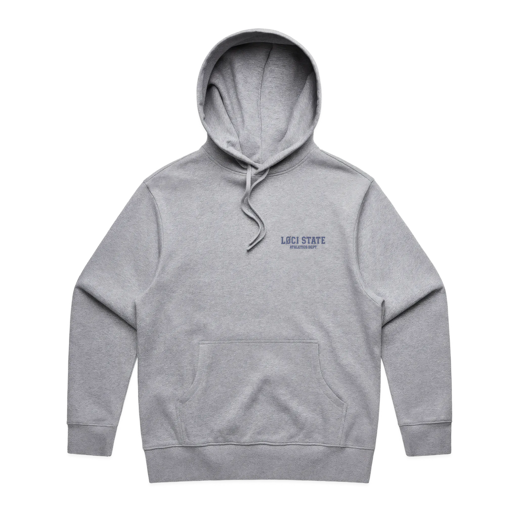 Gray hoodie with a small logo on the chest against a white background