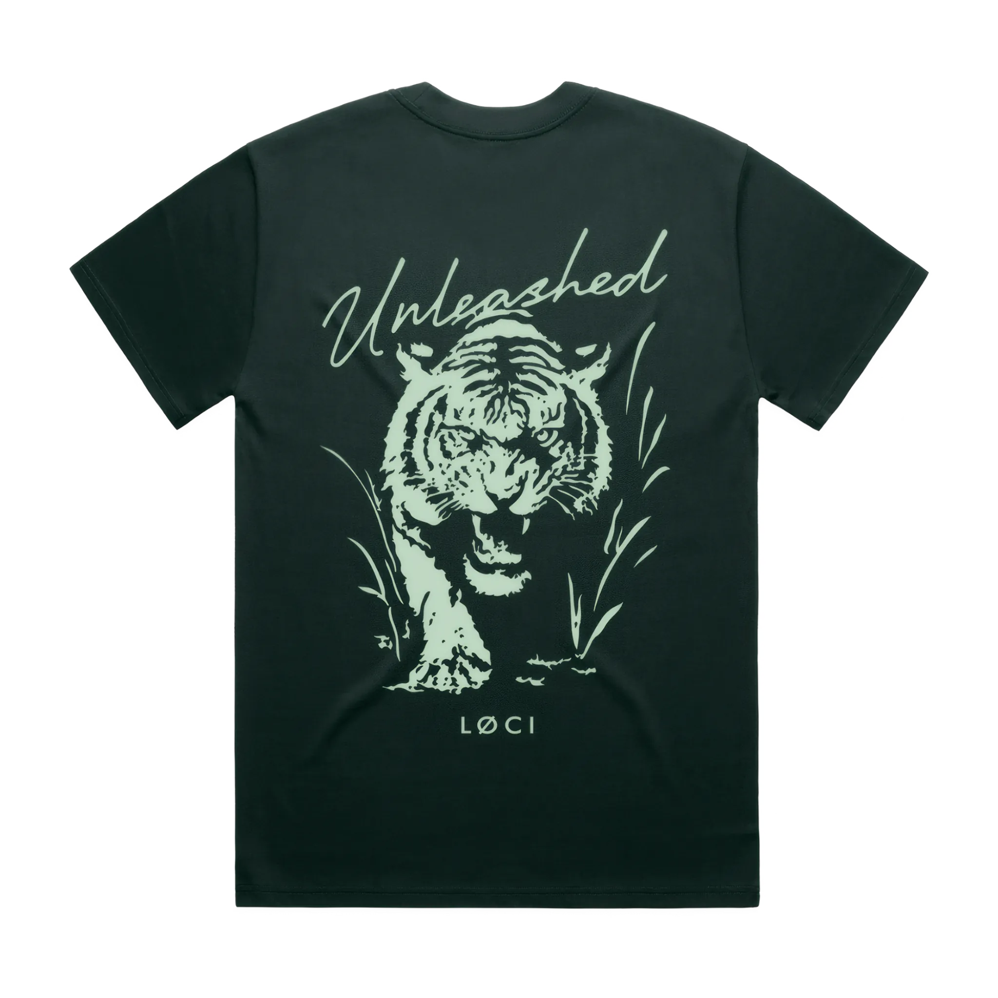 Black t-shirt with a white tiger graphic and 'Unleashed' text on a white background