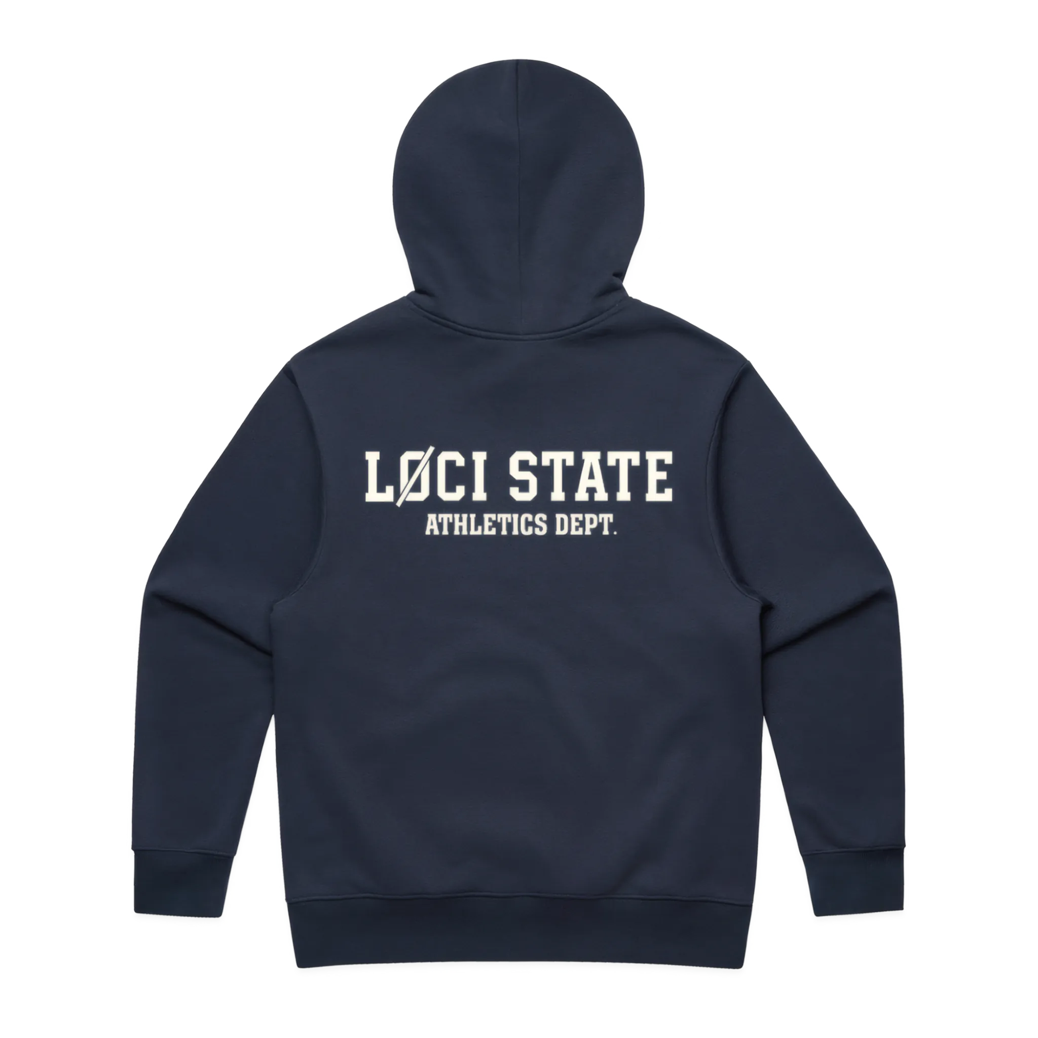 Navy hoodie with 'LOCI STATE ATHLETICS DEPT.' text on the back against a white background