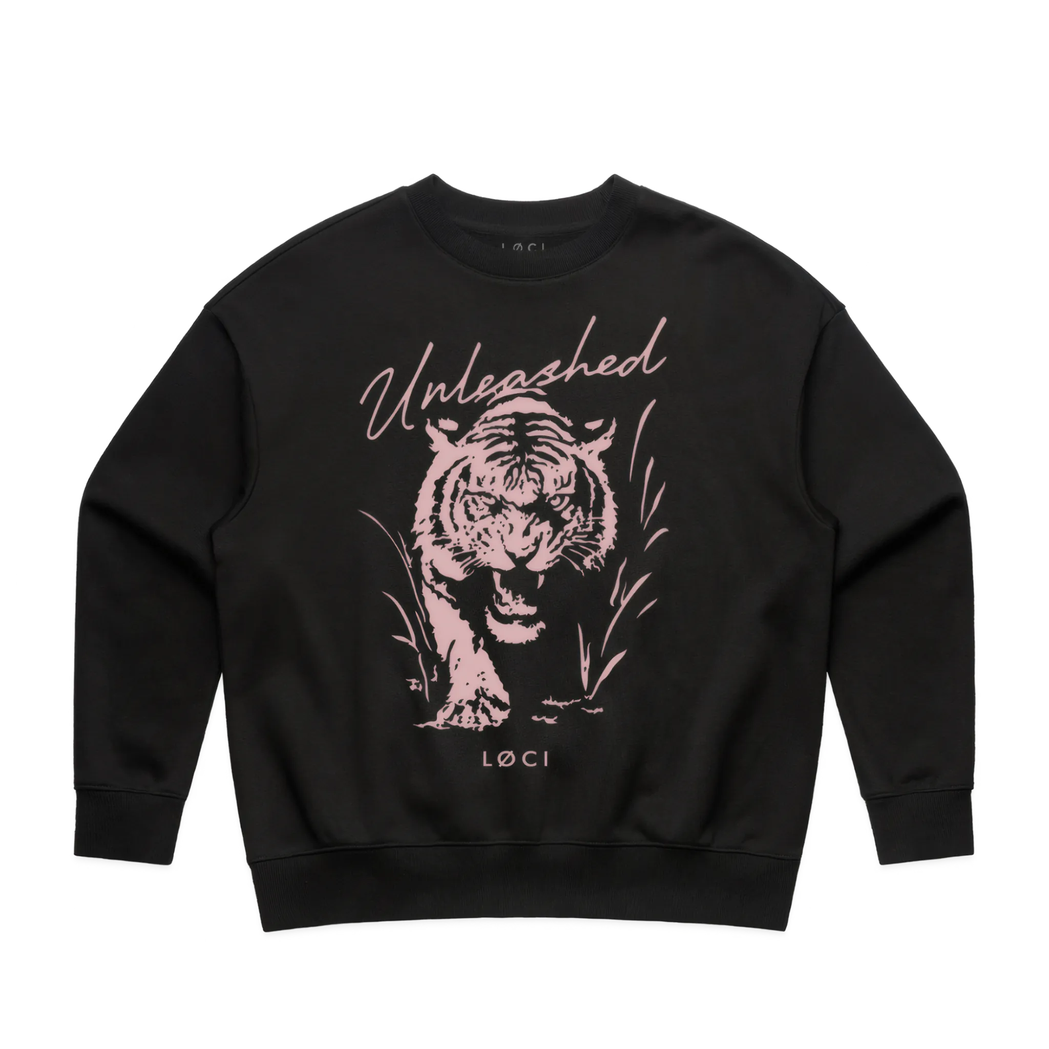 Black sweatshirt with a tiger graphic and 'Unleashed' text on a white background