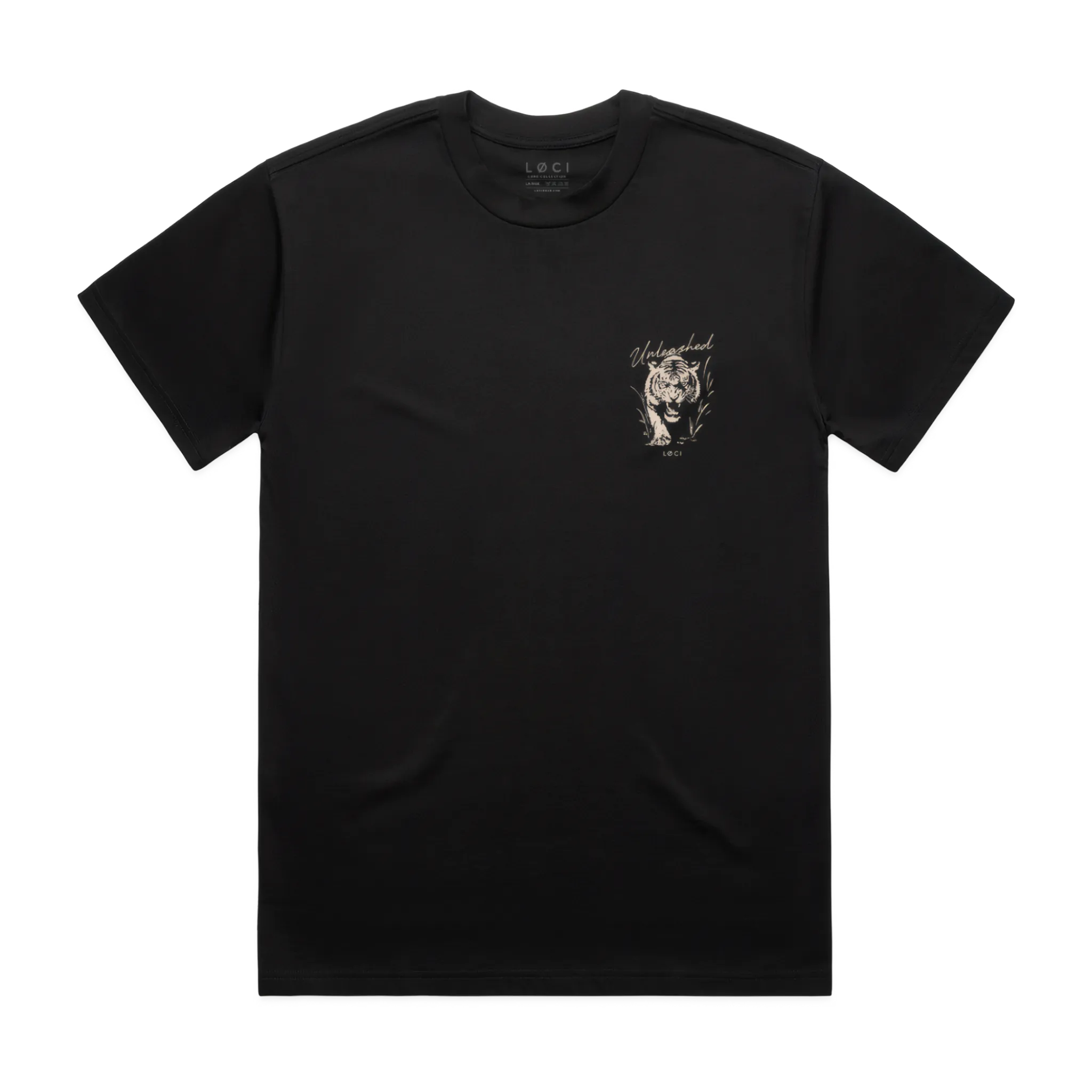 Black t-shirt with a white graphic design on a white background