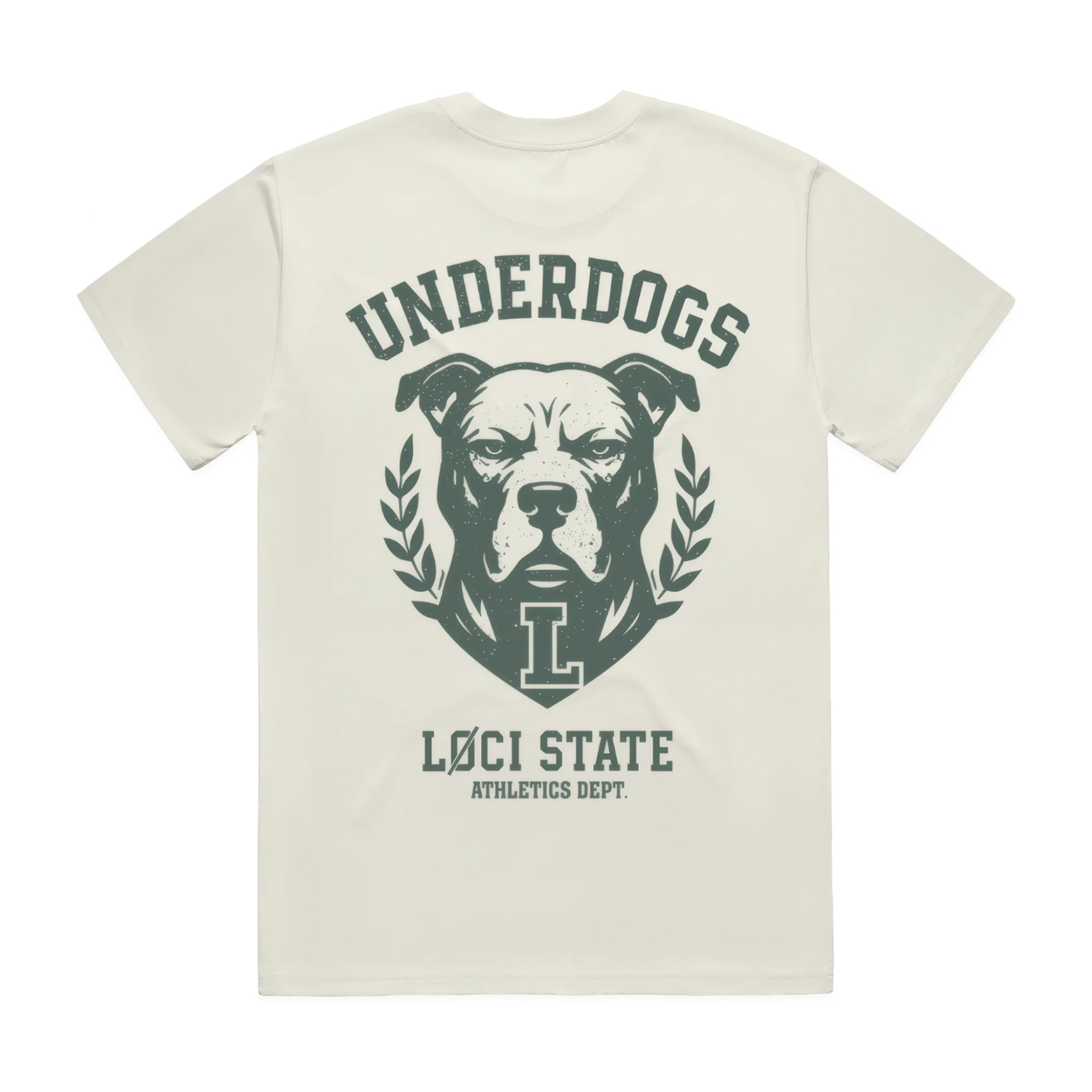 Beige t-shirt with a graphic of a dog and text on the back, on a white background