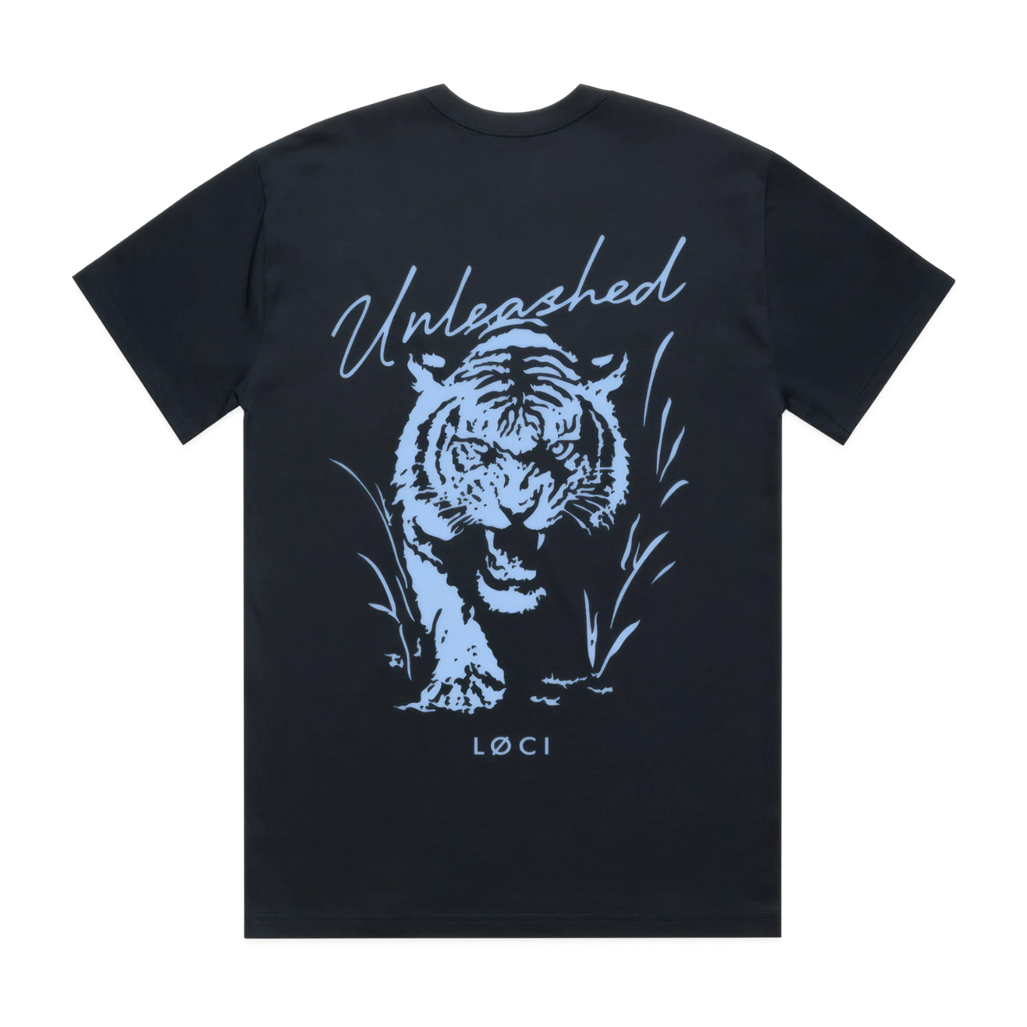 Black t-shirt with a white tiger graphic and 'Unleashed' text on a white background