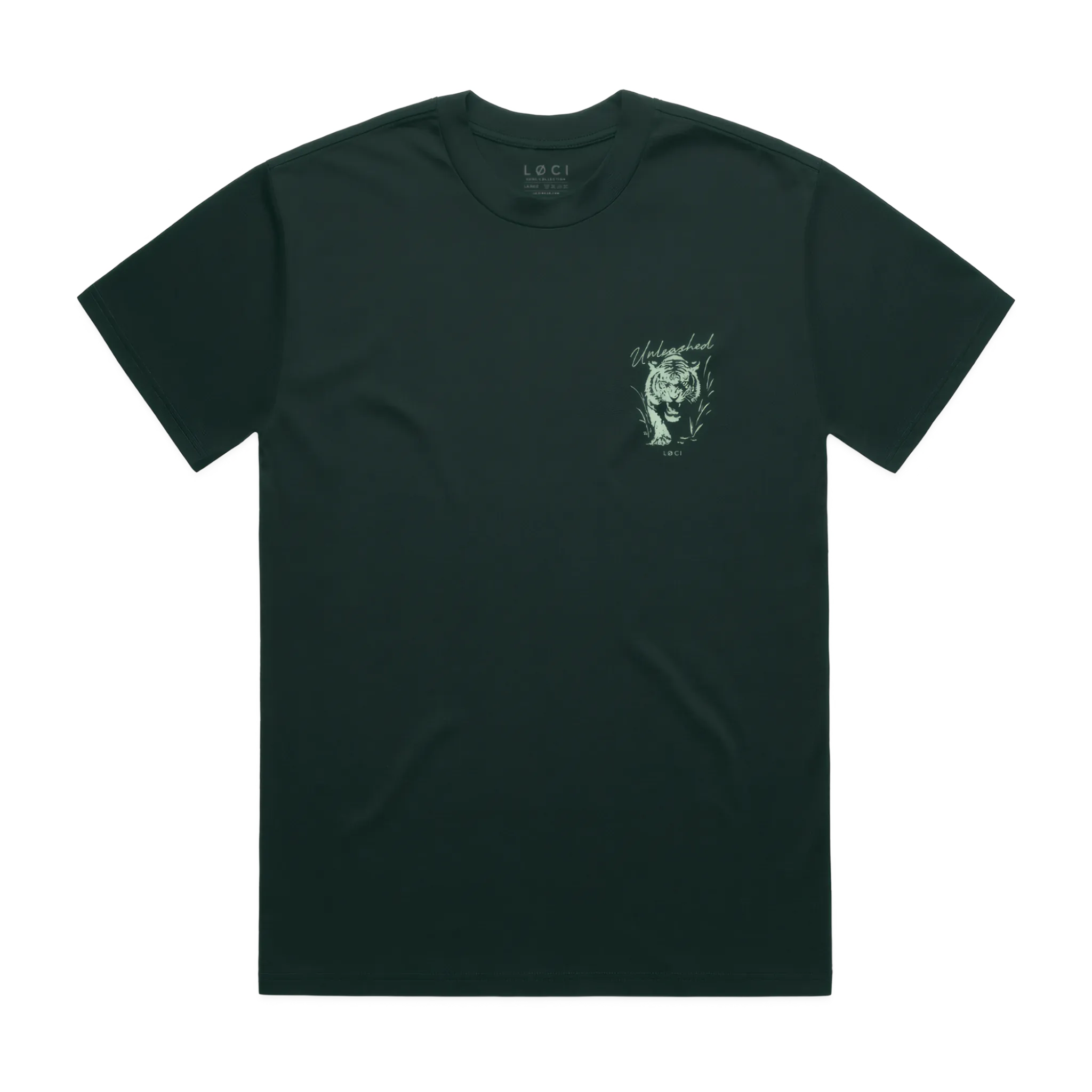 Black t-shirt with a small graphic on the chest against a white background