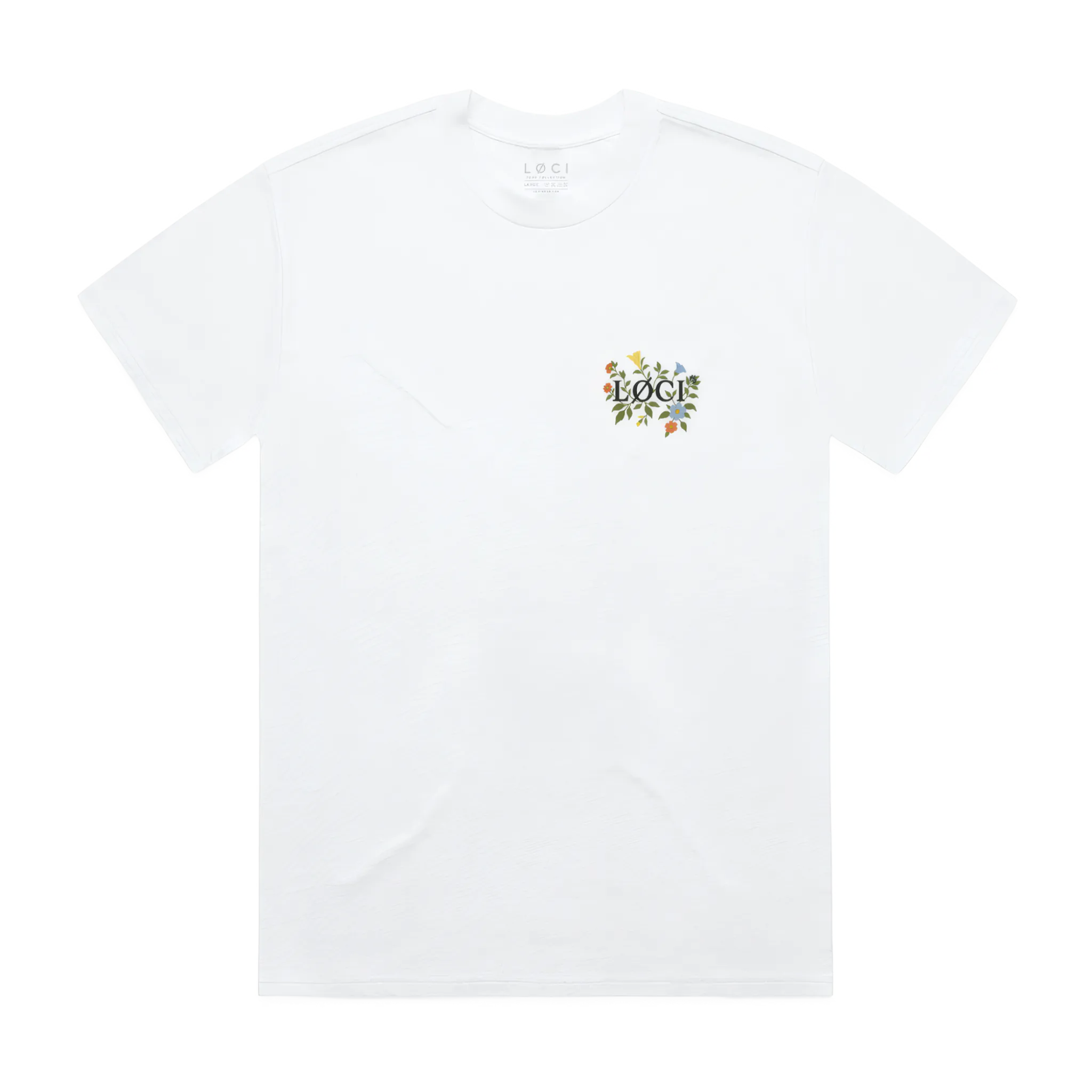 White t-shirt with a colorful logo on a white background