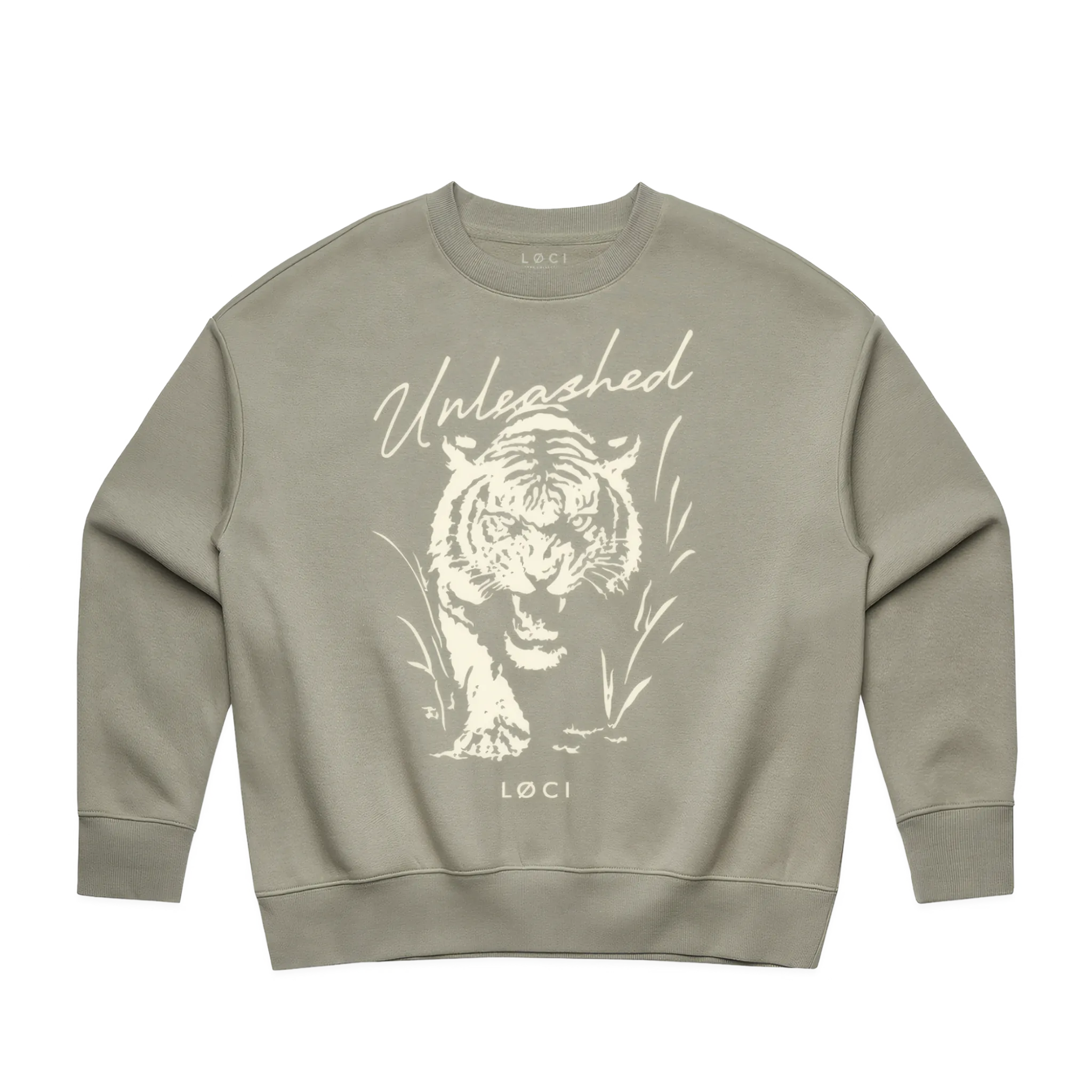 Sage green sweatshirt with a white tiger graphic and 'Unleashed' text on a white background