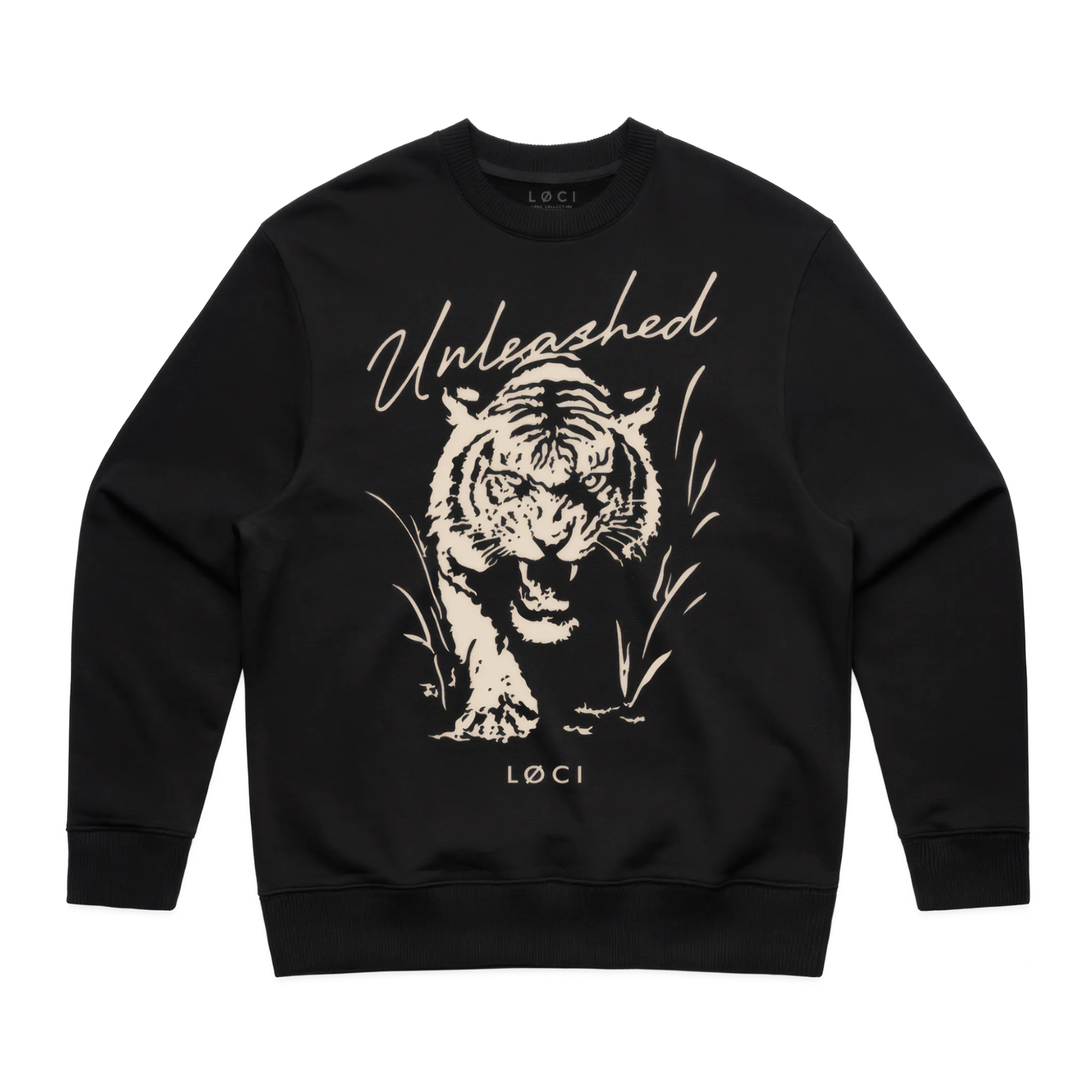 Black sweatshirt with a tiger graphic and 'Unleashed' text on a white background