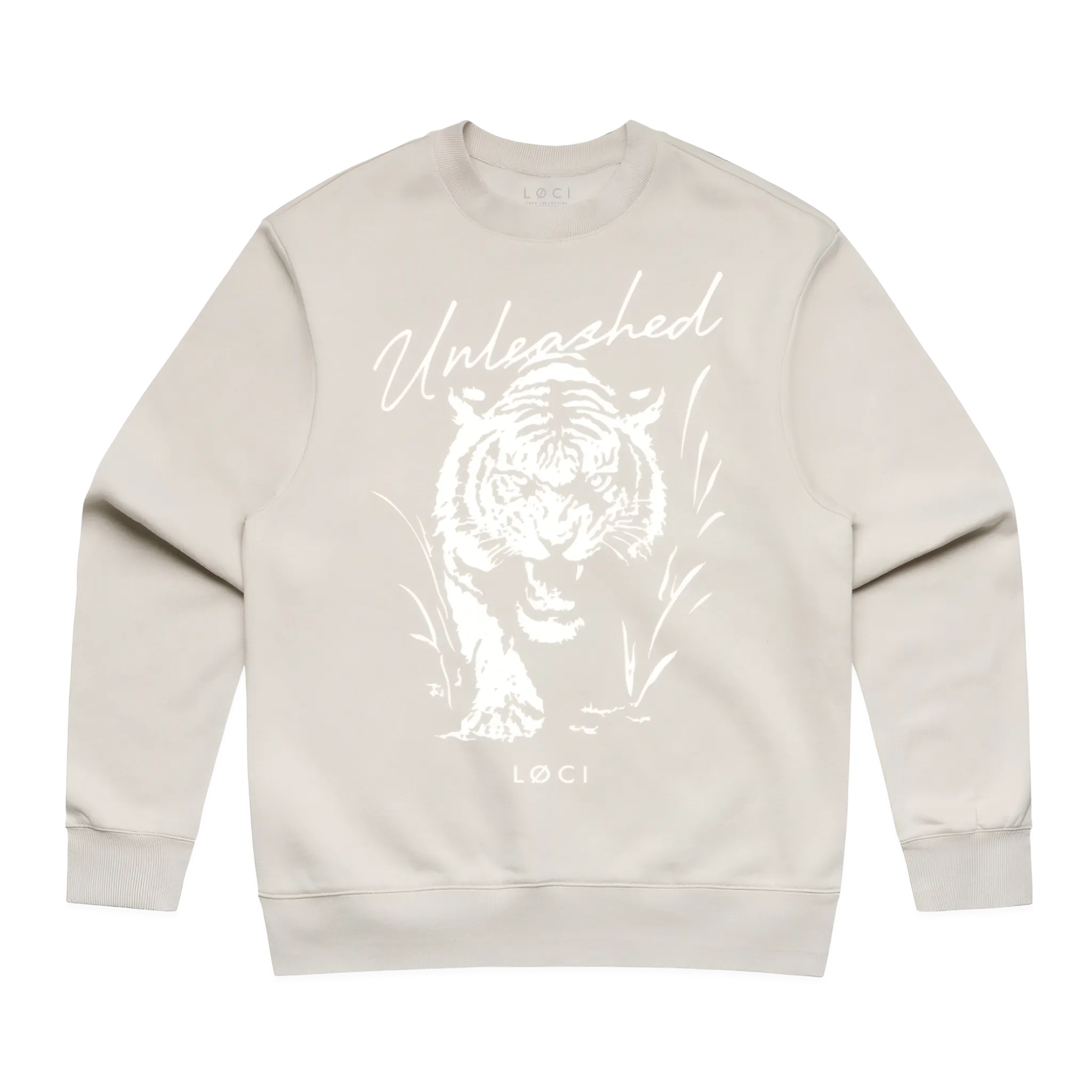 Beige sweatshirt with a white tiger graphic and 'Unleashed' text on a white background