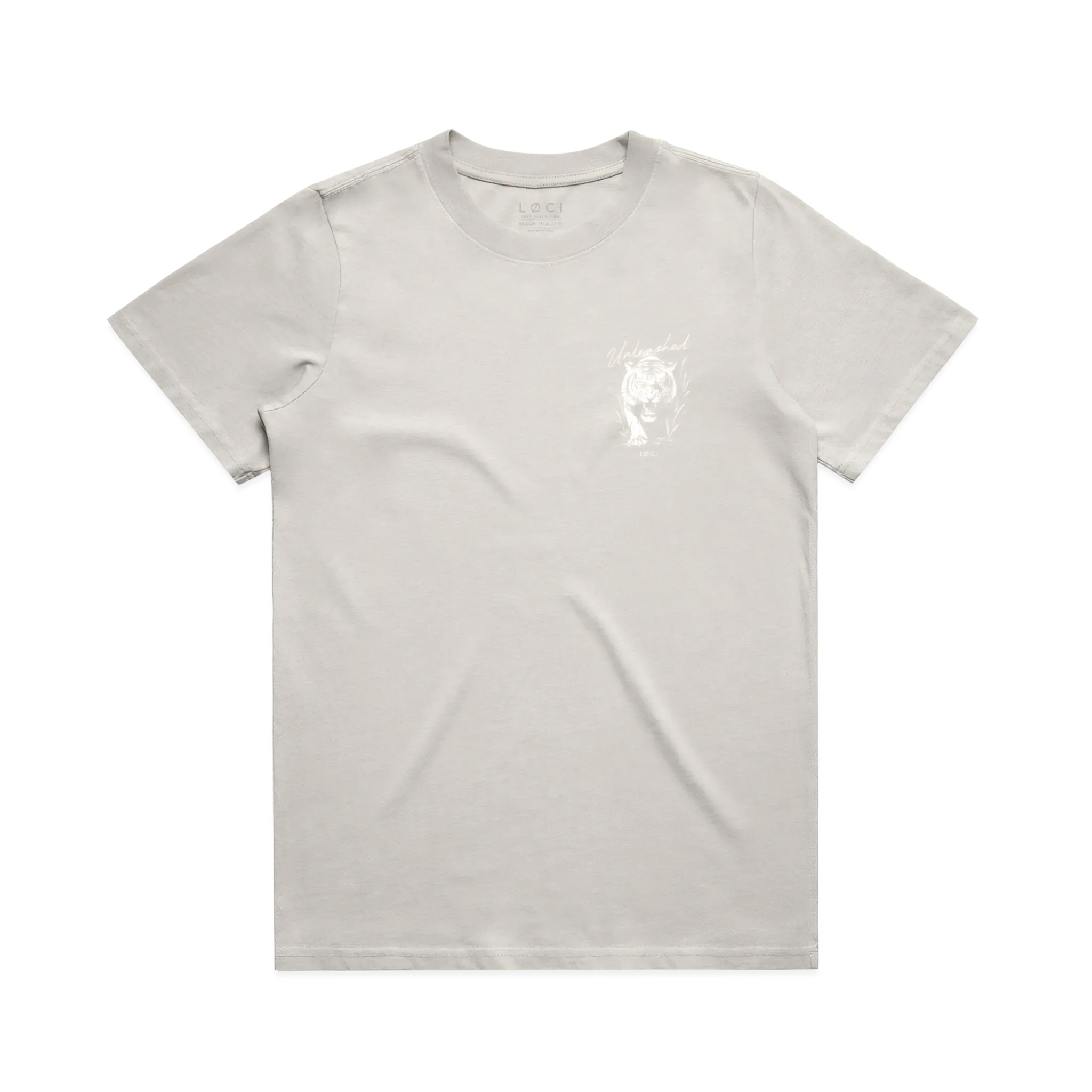 Light gray t-shirt with a small white logo on a white background