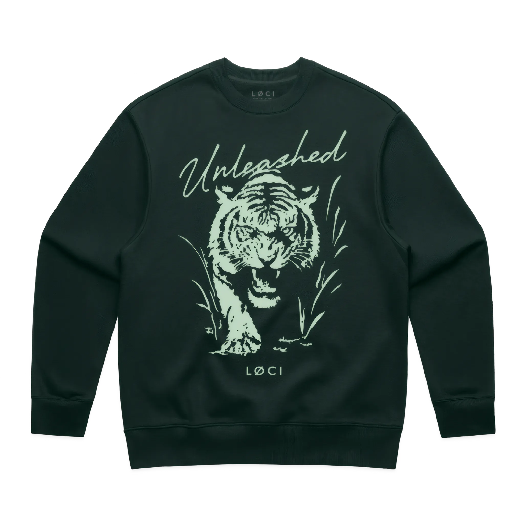 Dark green sweatshirt with a tiger graphic and 'Unleashed' text on a white background