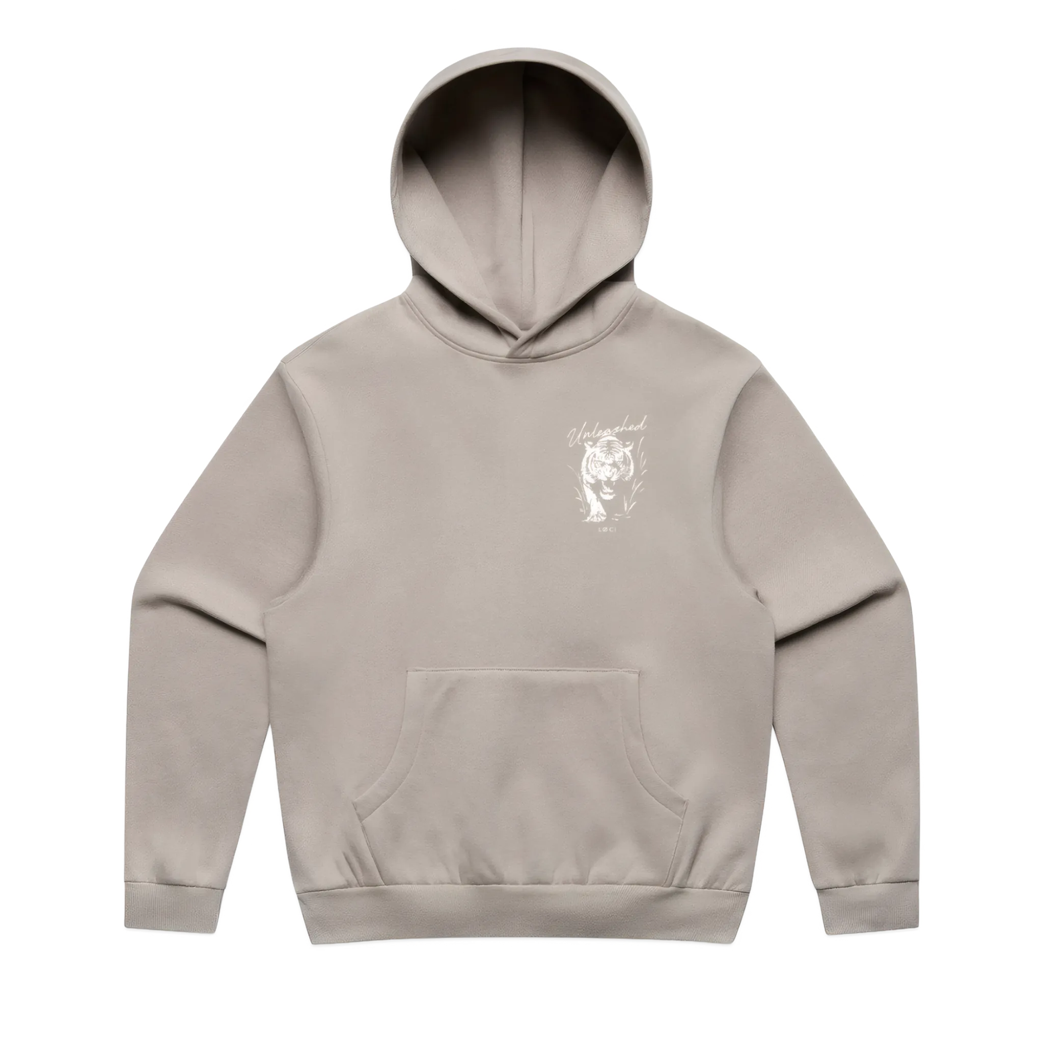 Beige hoodie with a small graphic on the chest against a white background