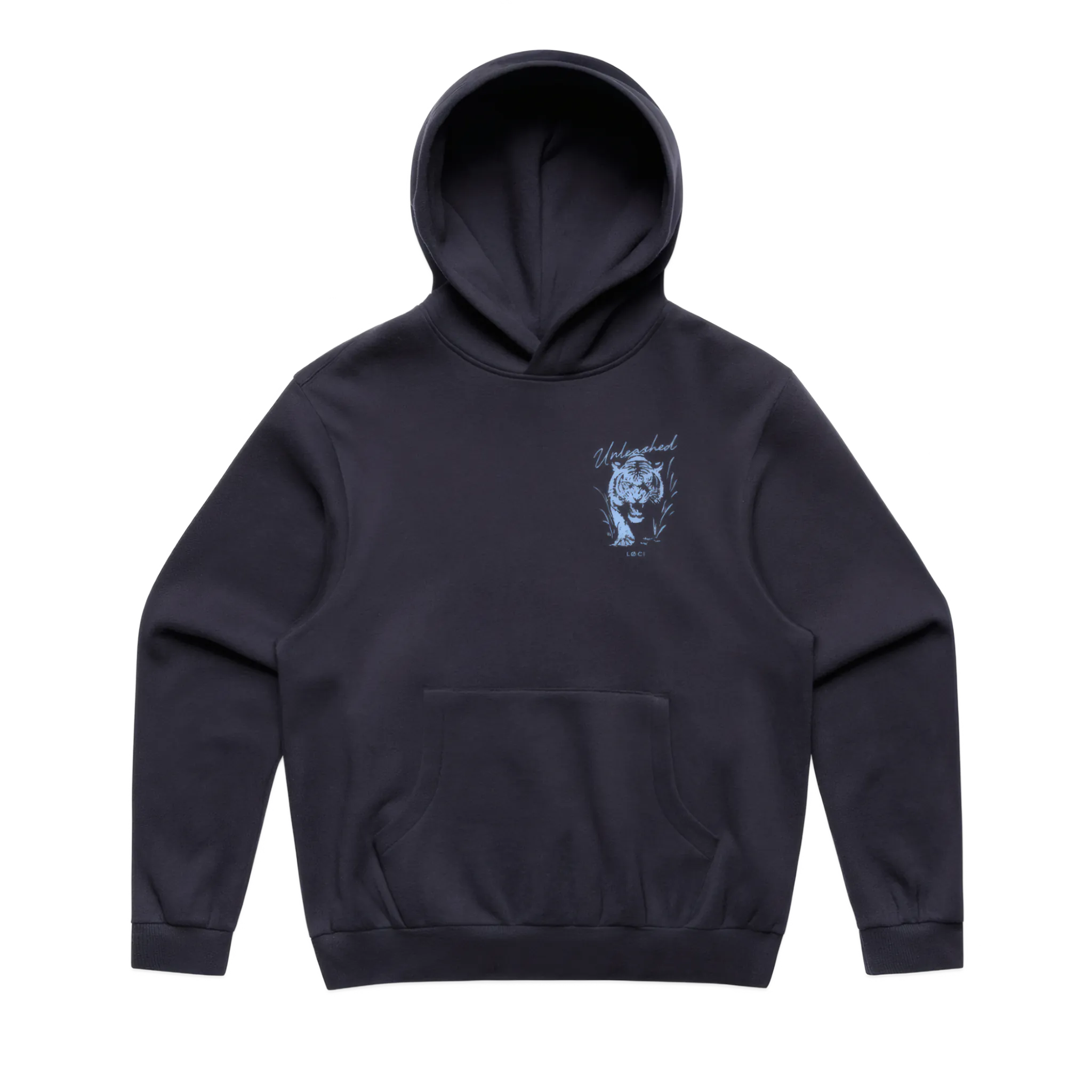 Black hoodie with a small graphic on the chest against a white background