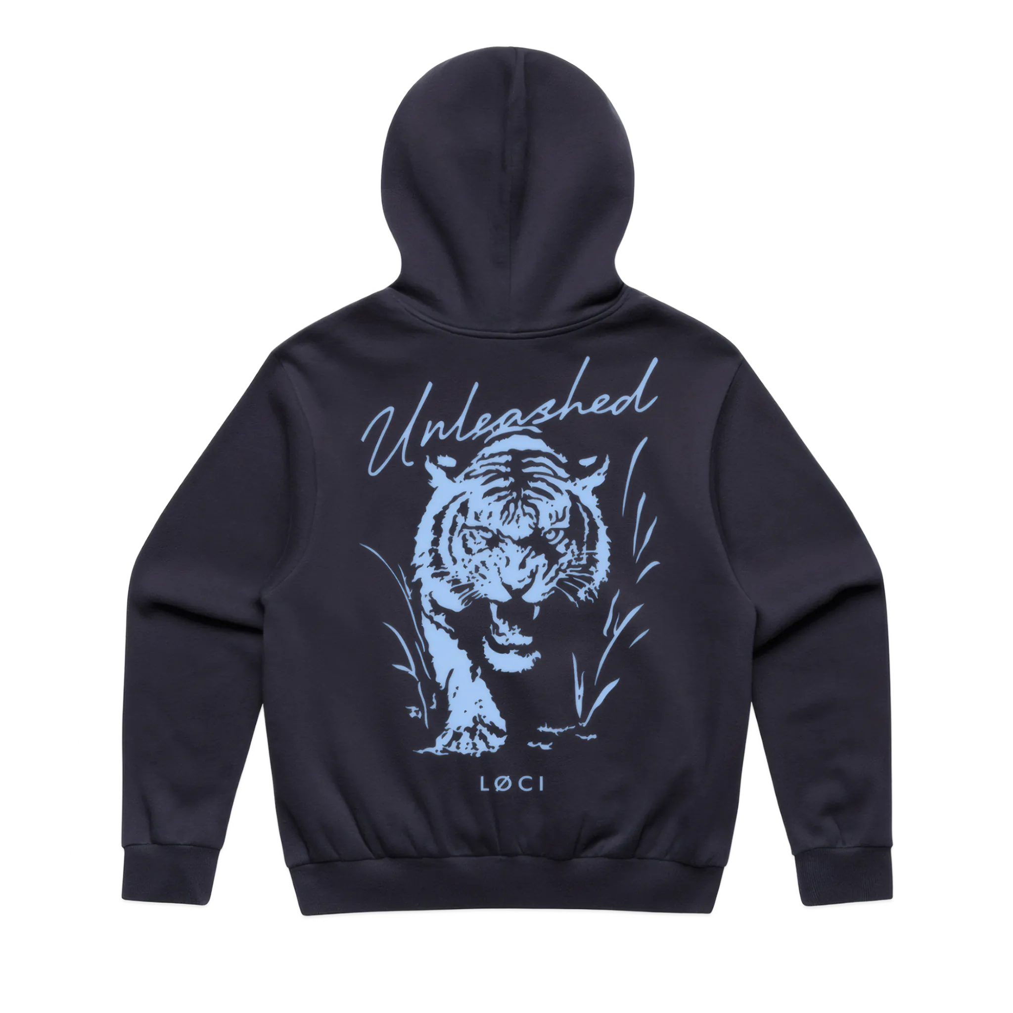 Black hoodie with a tiger graphic and 'Unleashed' text on the back, on a white background.