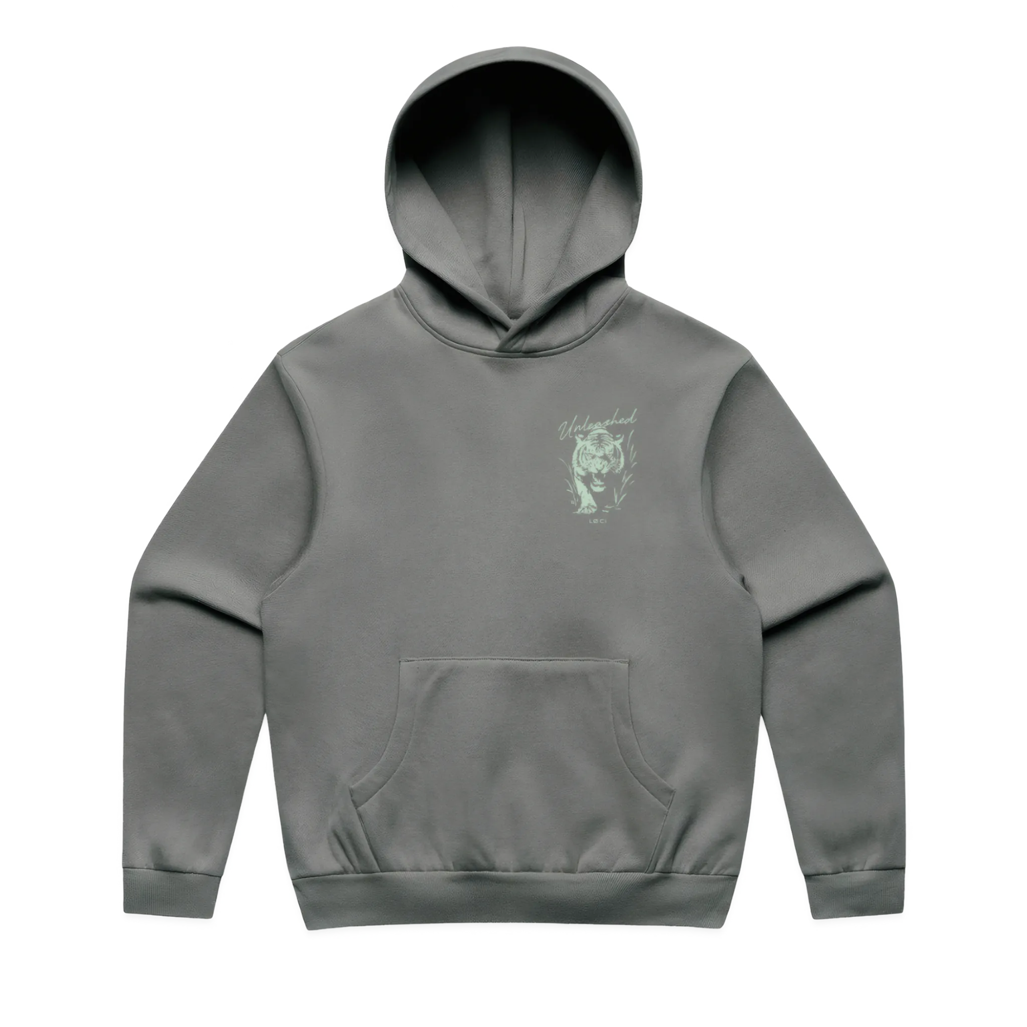 Gray hoodie with a small graphic on the chest against a white background