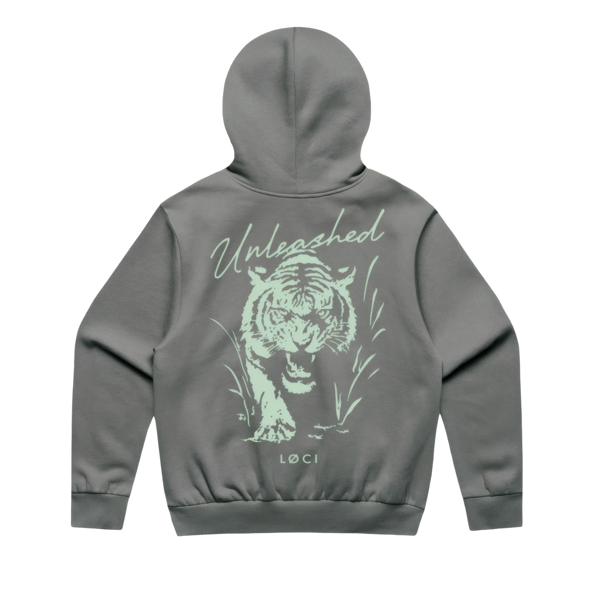 Gray hoodie with a tiger graphic and 'Unleashed' text on the back, on a white background.