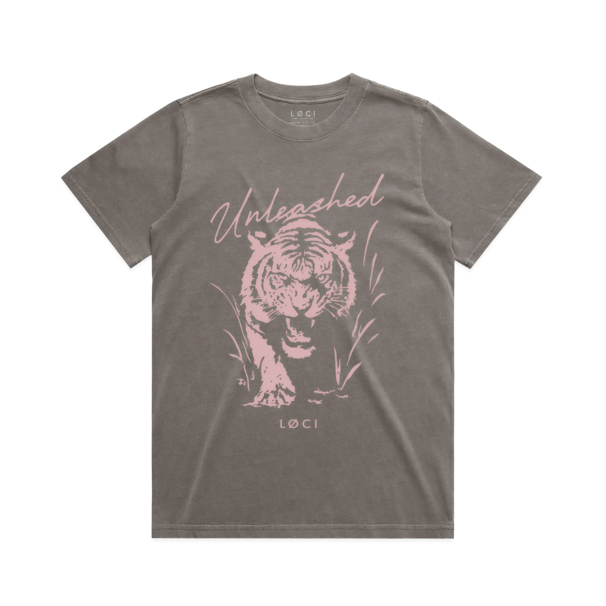 Gray t-shirt with pink tiger graphic and 'Unleashed' text on a white background