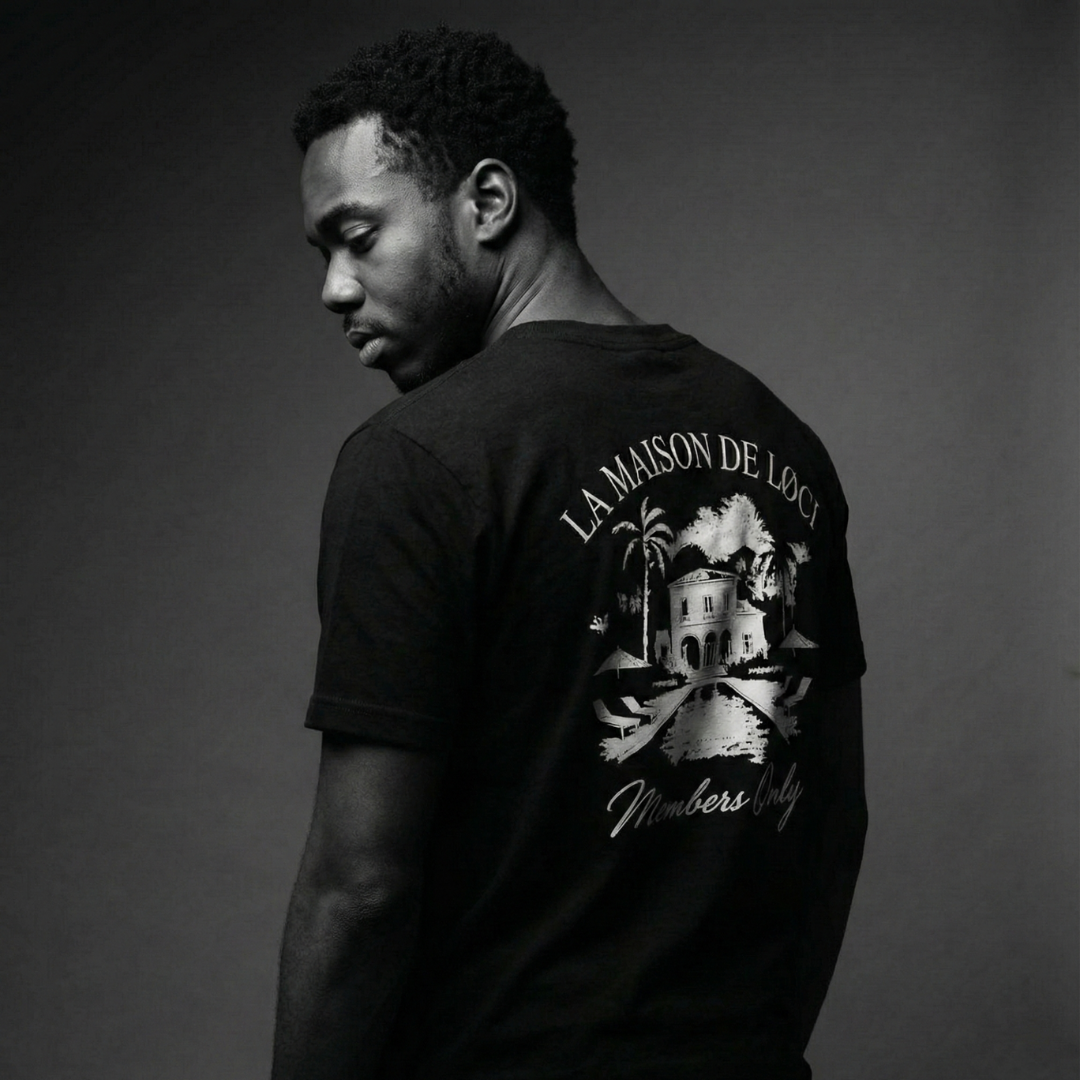 LØCI graphic T-shirt worn by a model, back view