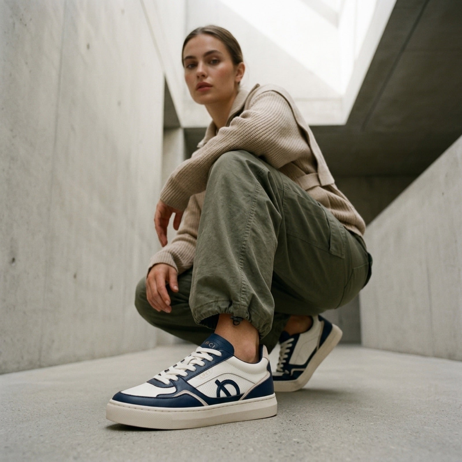 LØCI navy and white sneakers styled against concrete